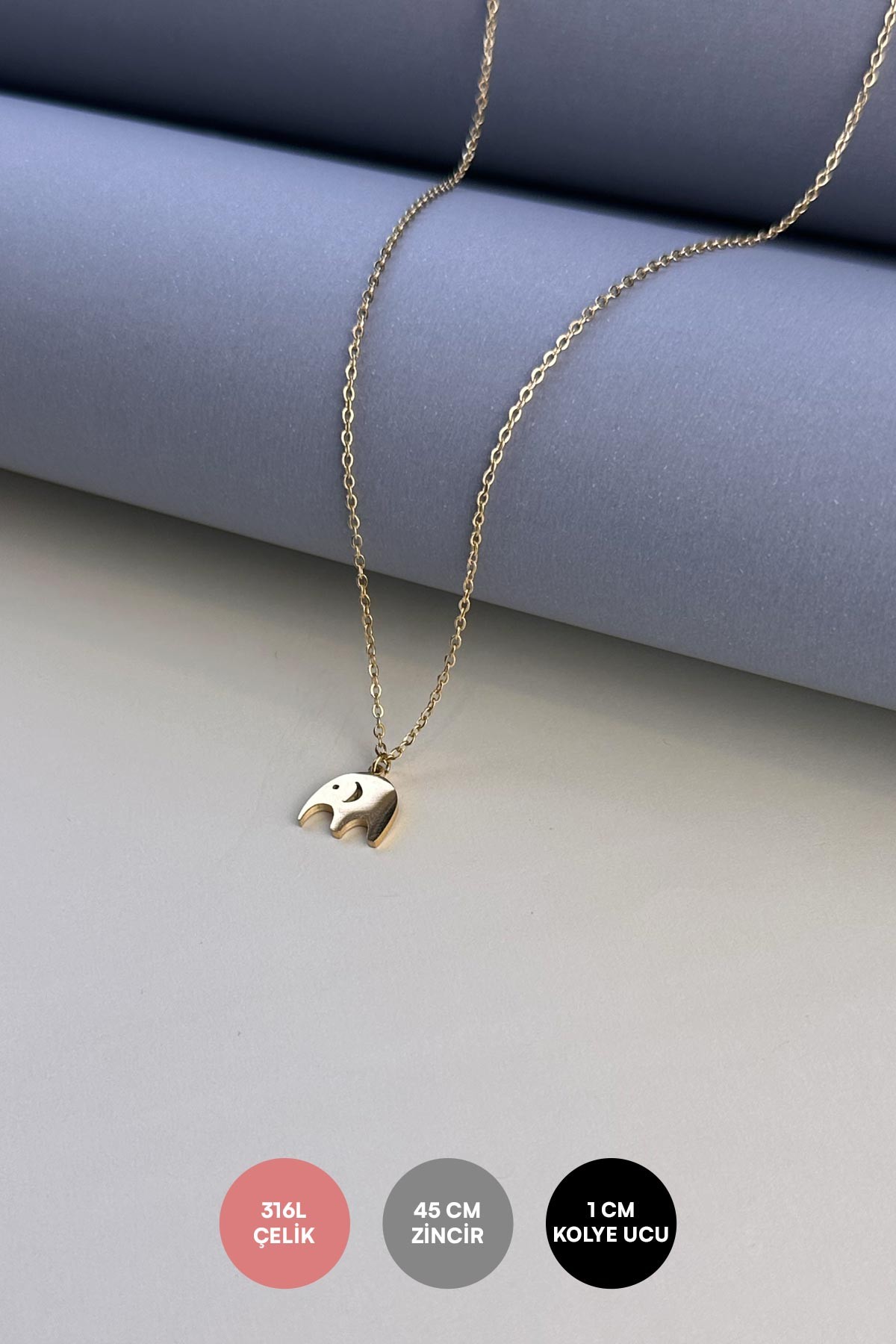 Gold Minimal Zincir Fil Sallantılı Çelik Kolye 45 cm AKL3770