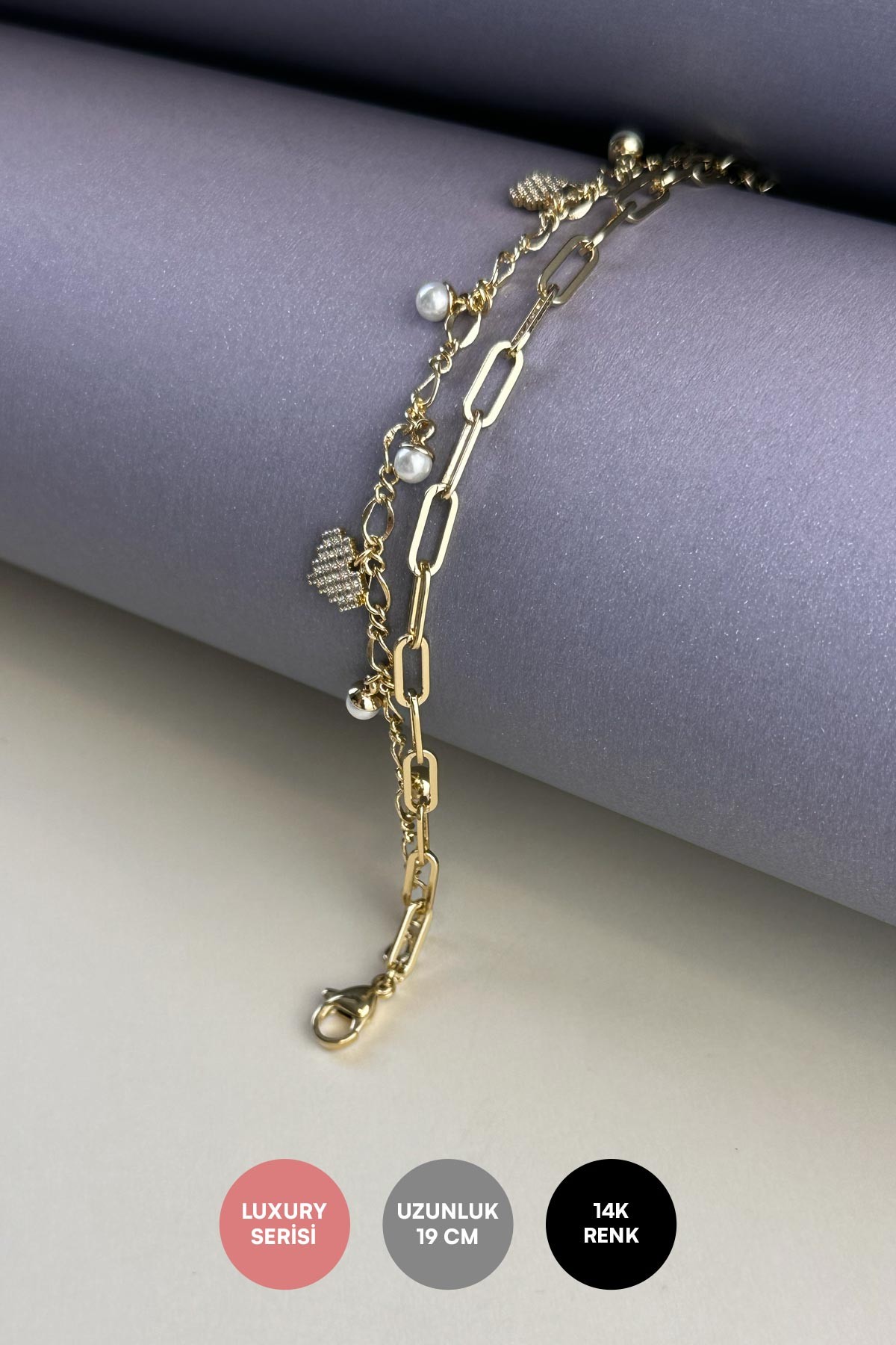 Gold Zirkon Kalp Ve İnci Topçuk Sallantılı Çift Zincir Tasarım Luxury Bileklik ABL7162