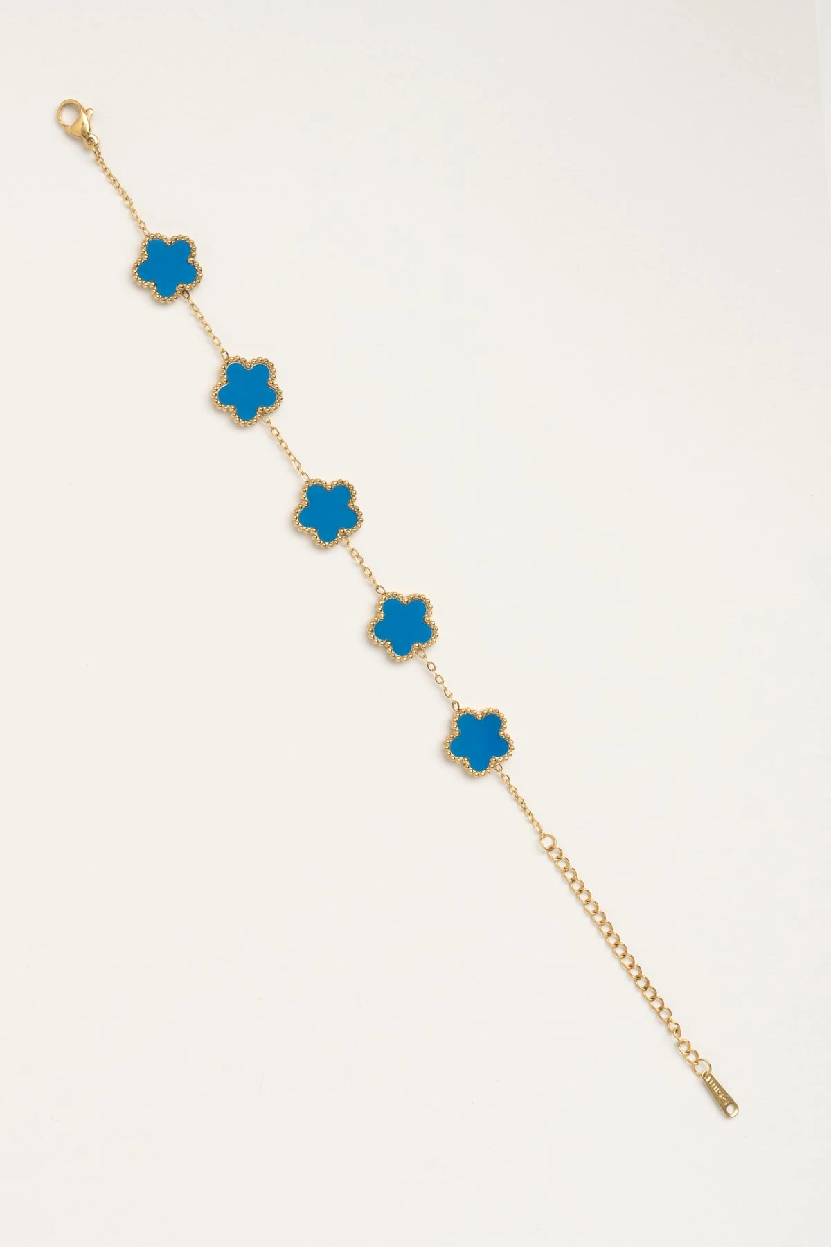 Gold Lazer Kesim Mavi Beş Yaprak Yonca Sıralı Çelik Bileklik ABL7545