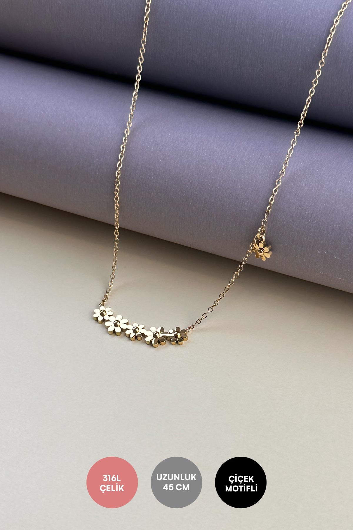 Gold Minimal Zincir Beşli Mini Papatya Sıralı Çelik Kolye 45 cm AKL4096