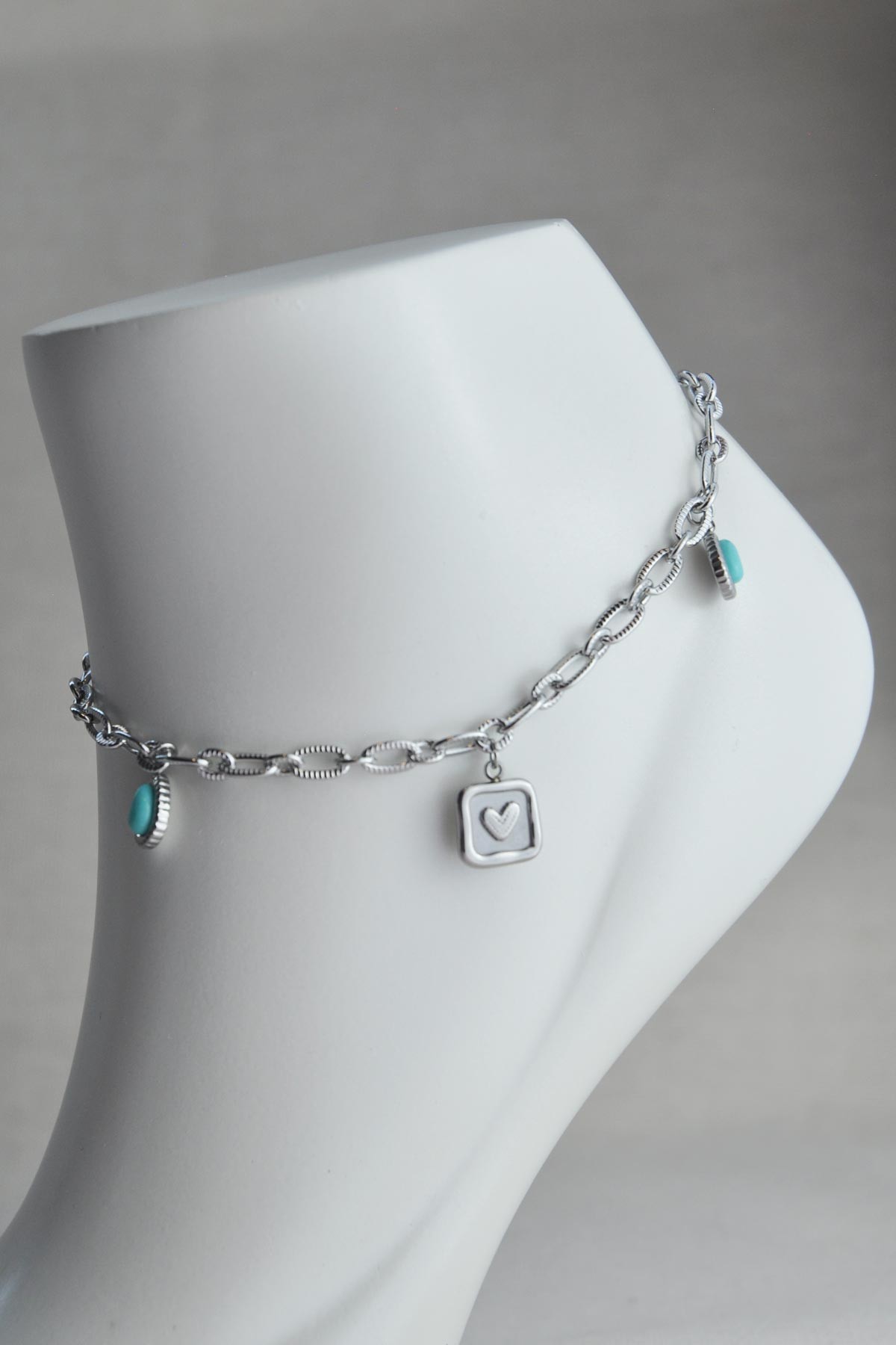 Damla Detay Firuze Sallantılı Silver Minimal Kalp Madalyon Tasarım Çelik Halhal AHL1338