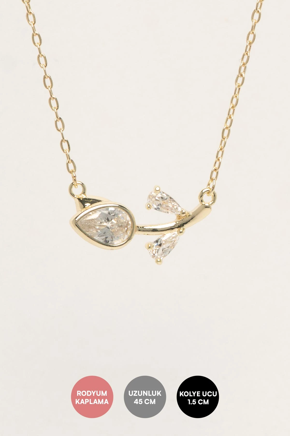 Gold Minimal Zincir Kristal Taş Yapraklı Lale Sallantılı 45cm Luxury Kolye AKL4430