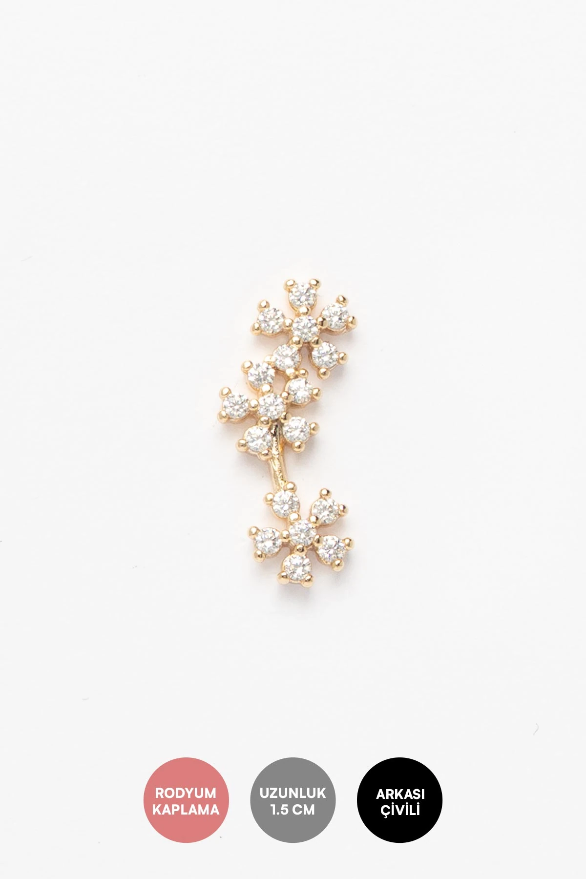 Gold Mini Kristal Taş Tasarım Üçlü Çiçek Figürlü Luxury Küpe AKE9547