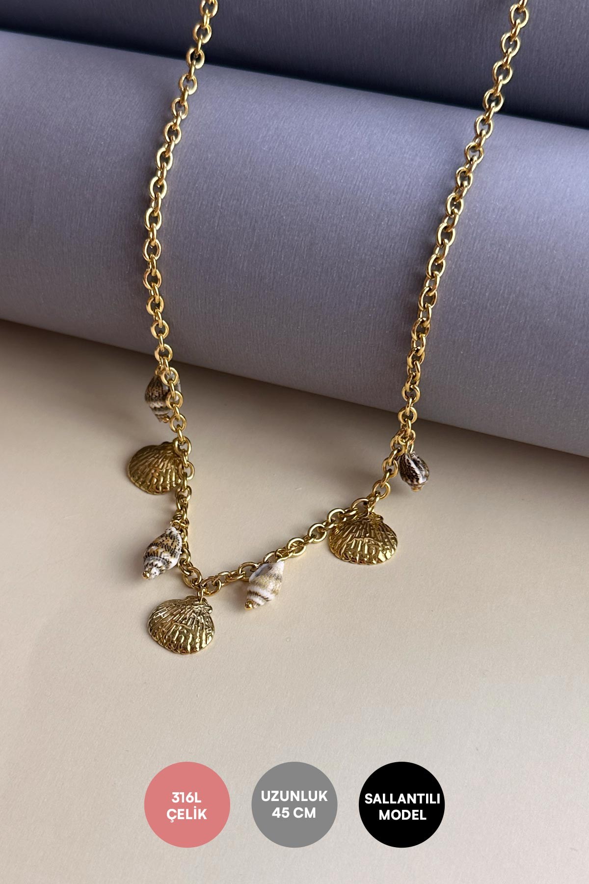 Gold Deniz Kabuğu Dansı 45cm Çelik Kolye AKL3999
