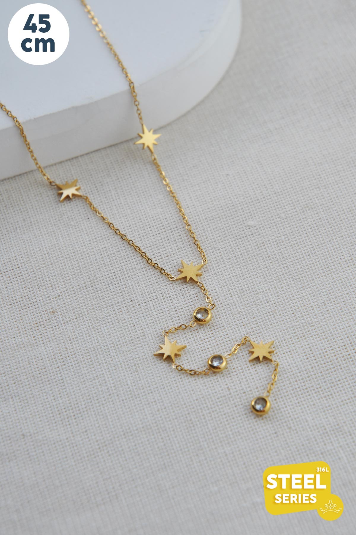 Gold Y Tasarım Minimal Tektaş ve Kuzey Yıldızı Detay Çelik Kolye 45 cm AKL3749