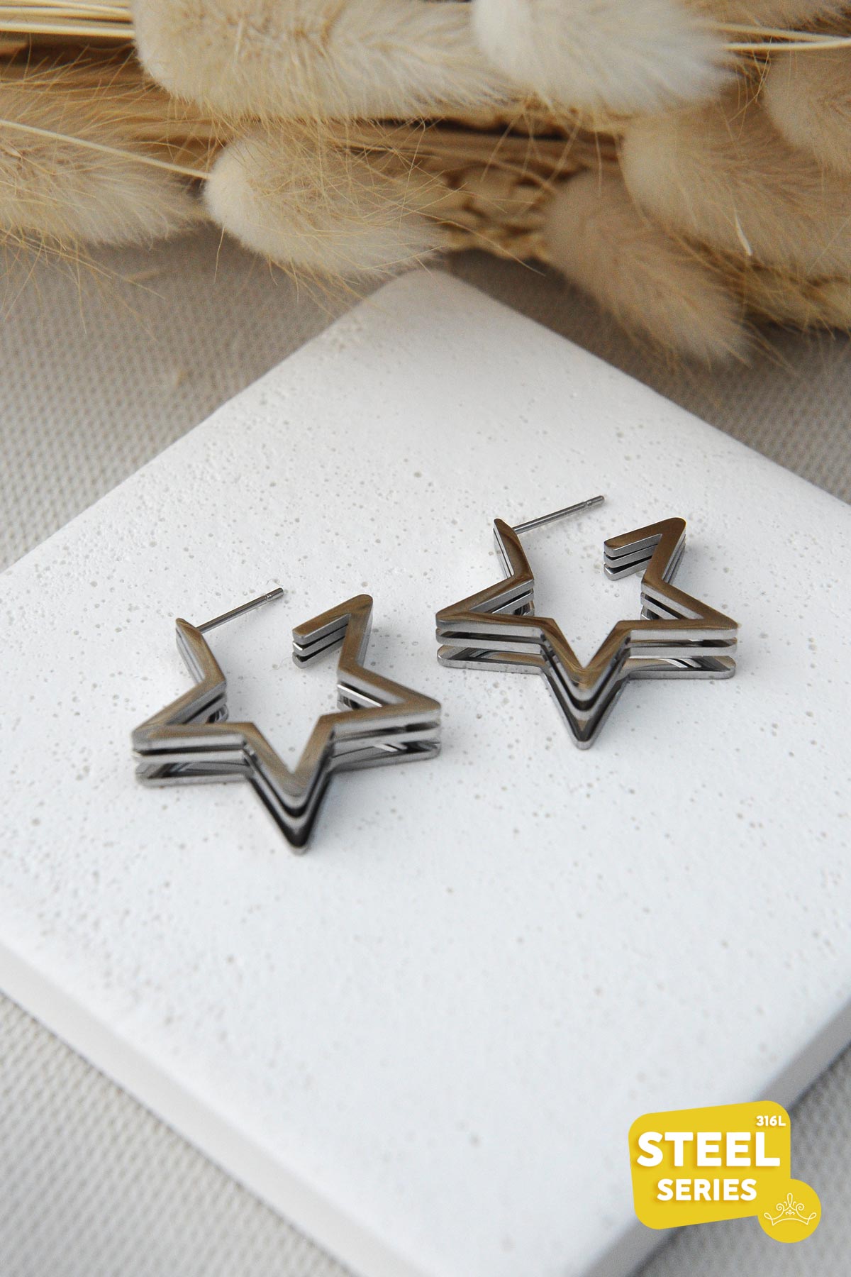 Silver Üçüz Yıldız Çelik Küpe AKE6699