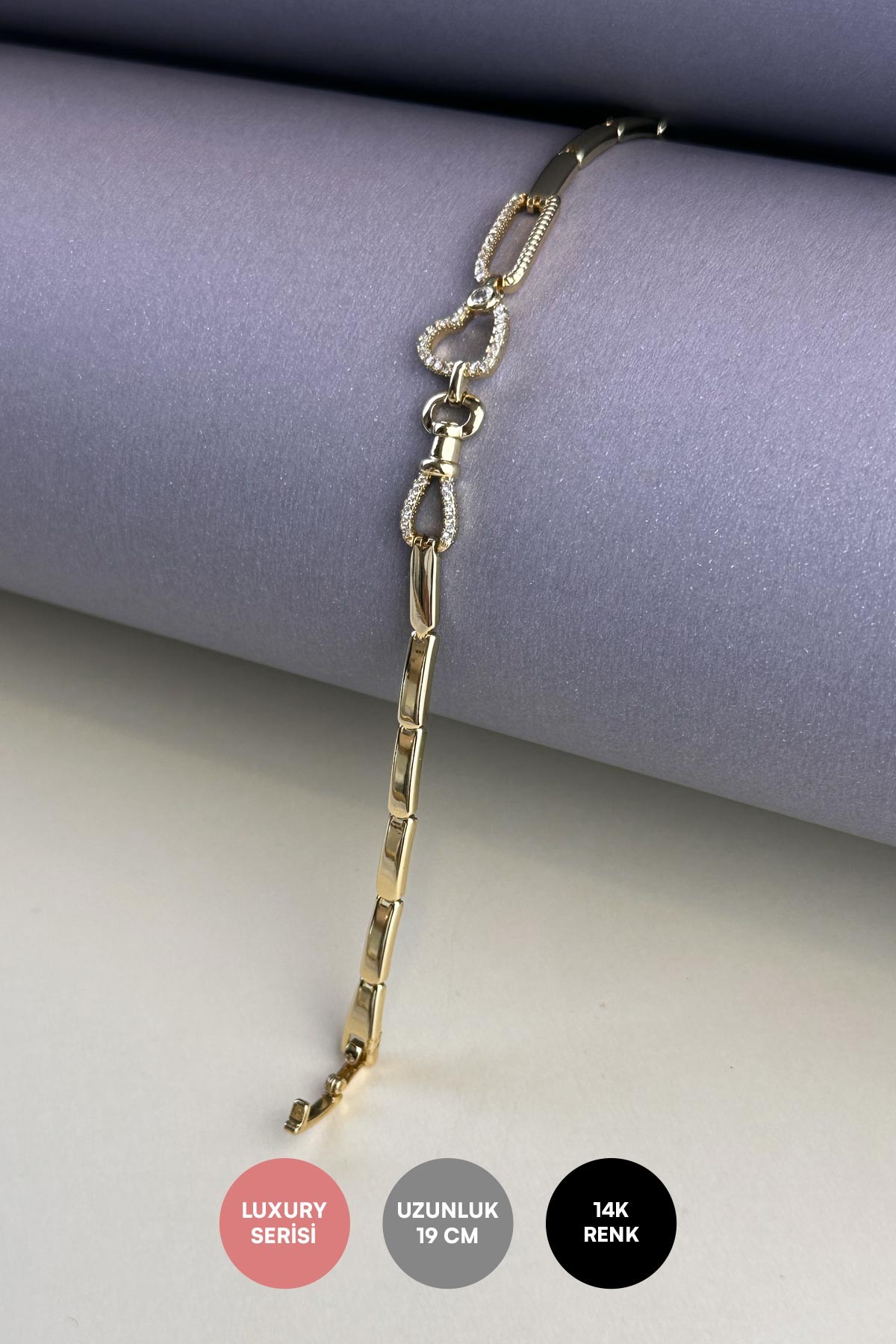 Tektaş Detay Gold Zirkon Kalp Luxury Bileklik ABL7155