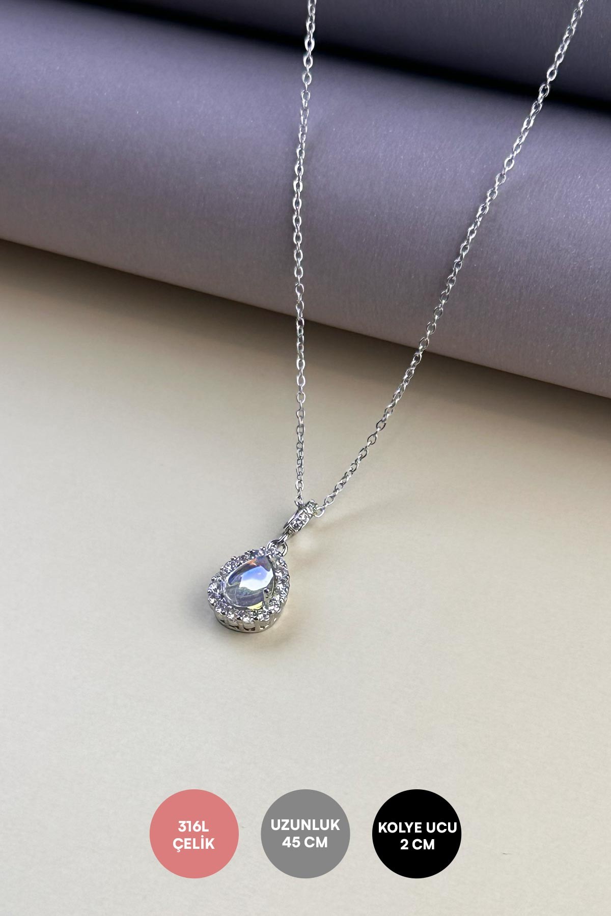 Silver Minimal Zincir Tektaş Sıralı Büyük Damla Sallantılı Çelik Kolye 45 cm AKL4071