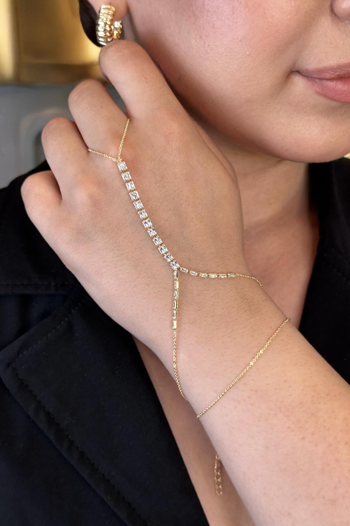 Gold Çift Sıra Minimal Baget Taş Tasarım Şahmeran ASH1105