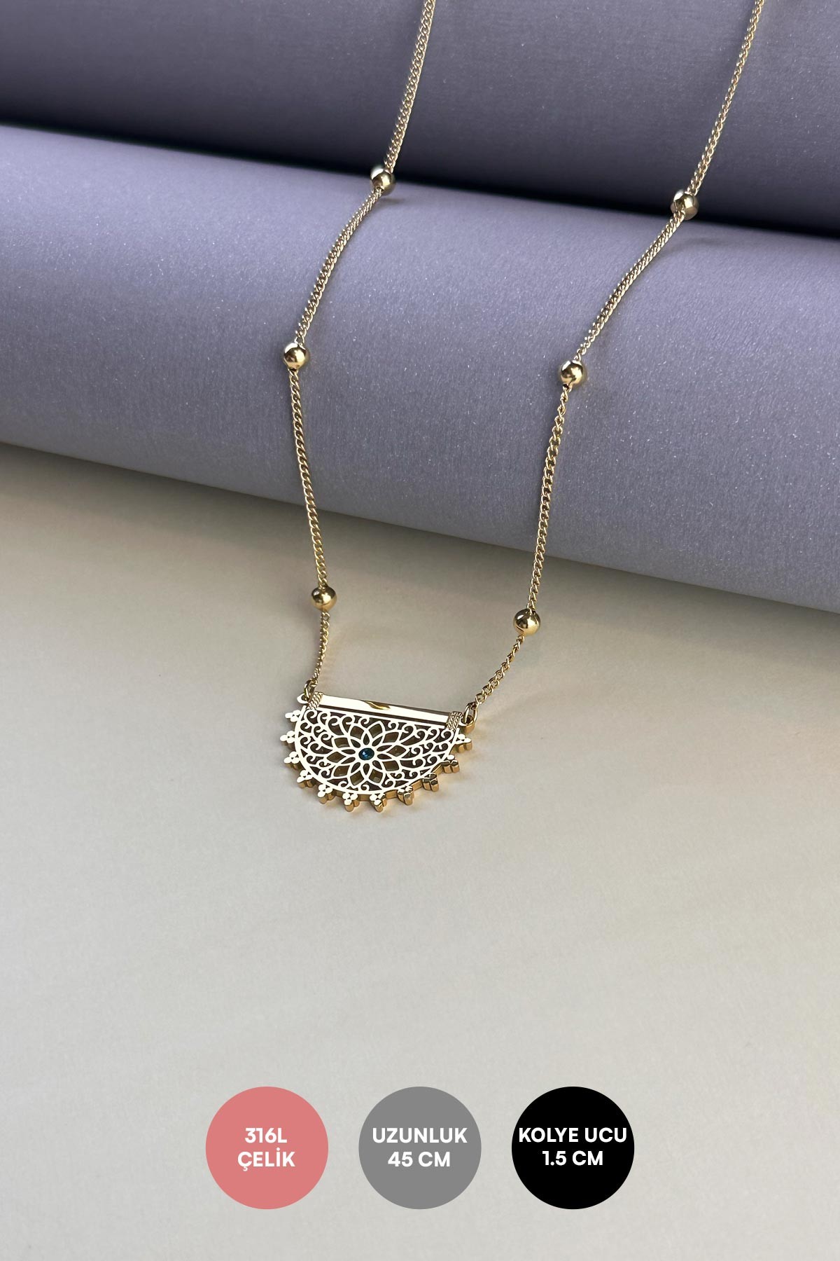 Gold Topçuk Detay Varanasi Çelik Kolye 45 cm AKL3900