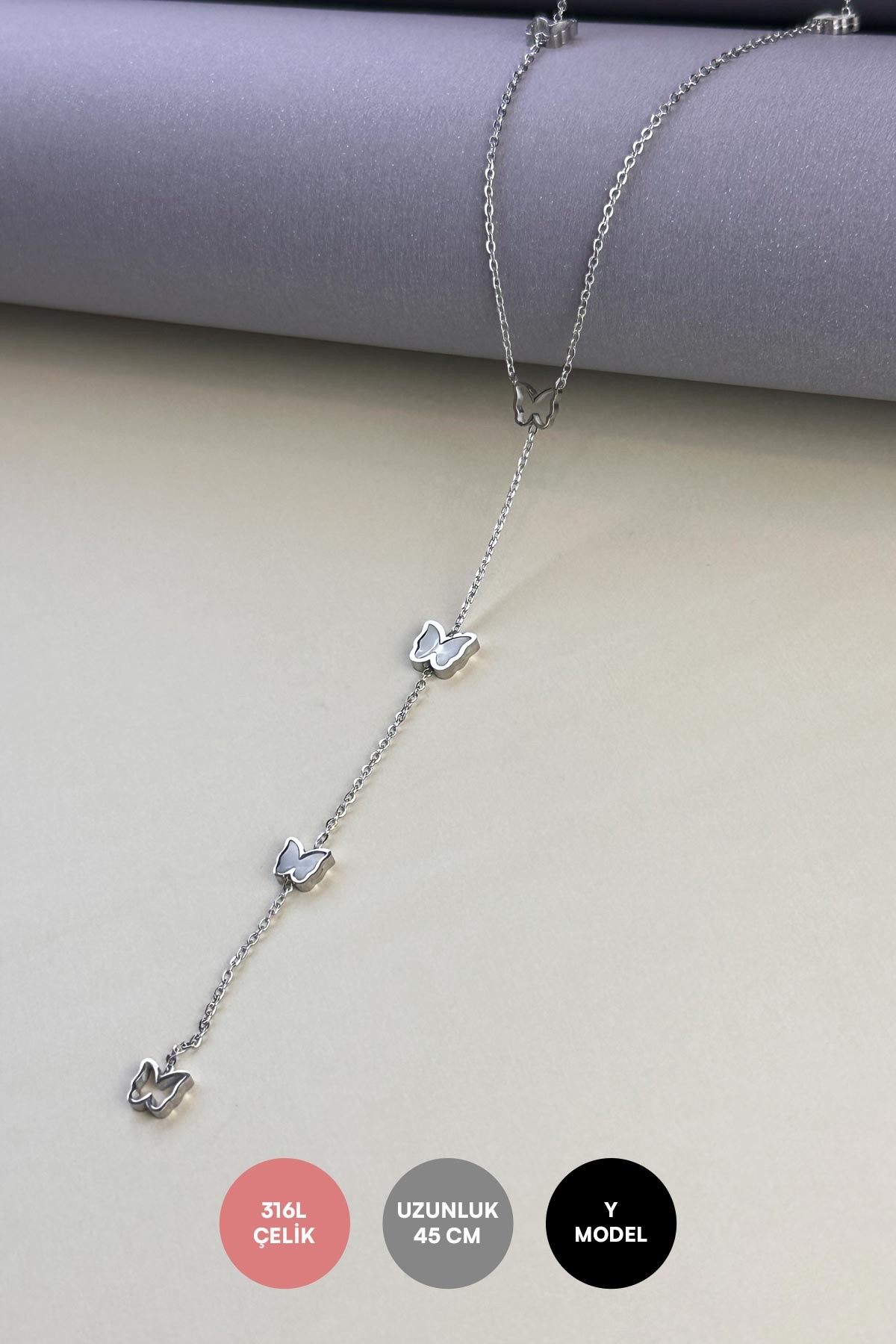 Silver Y Tasarım İçi Boş Ve Sedefli Kelebekler Çelik Kolye 45 cm AKL3909