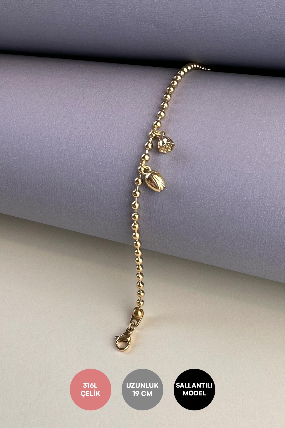Gold Topçuk Sıralı Tasarım Lale Sallantılı Çelik Bileklik ABL6219