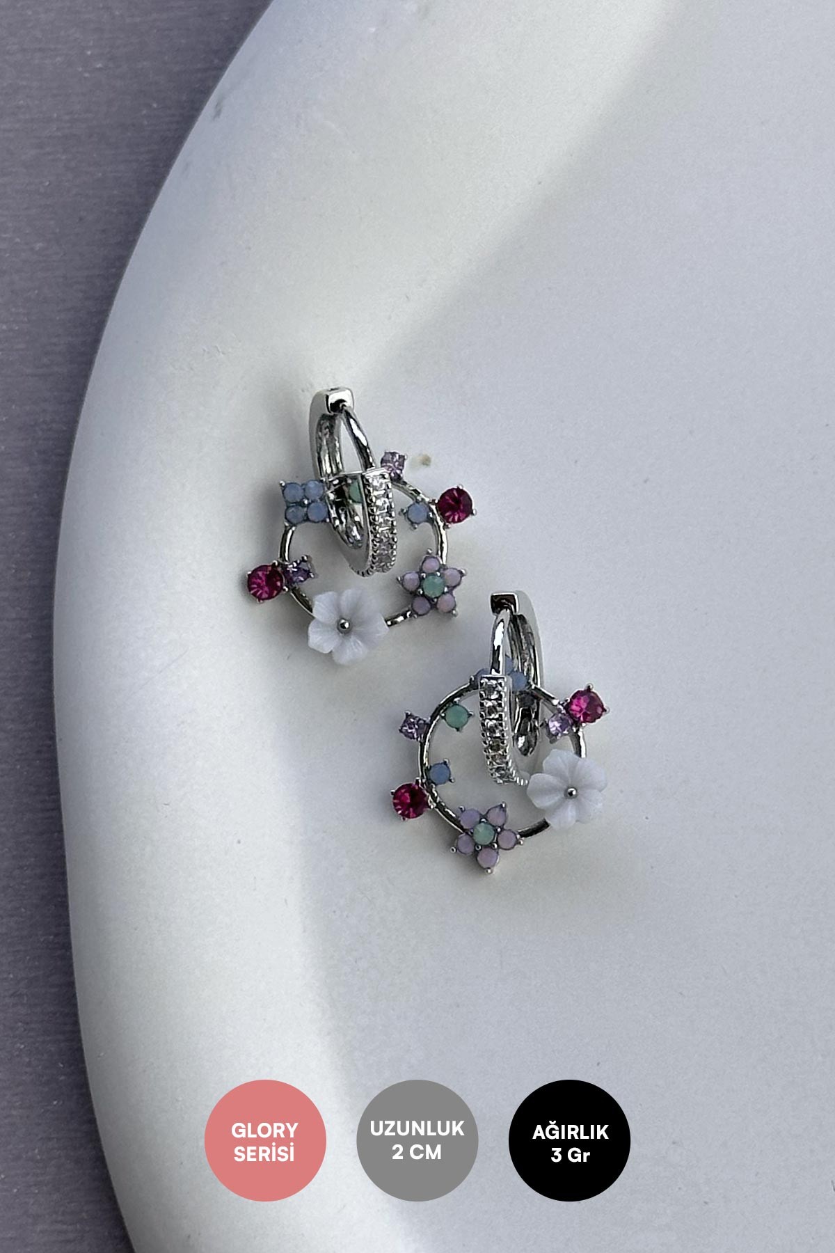 Silver Zirkon Detay Pastel Renkli Çiçek Buketi Sallantılı Glory Küpe AKE9194