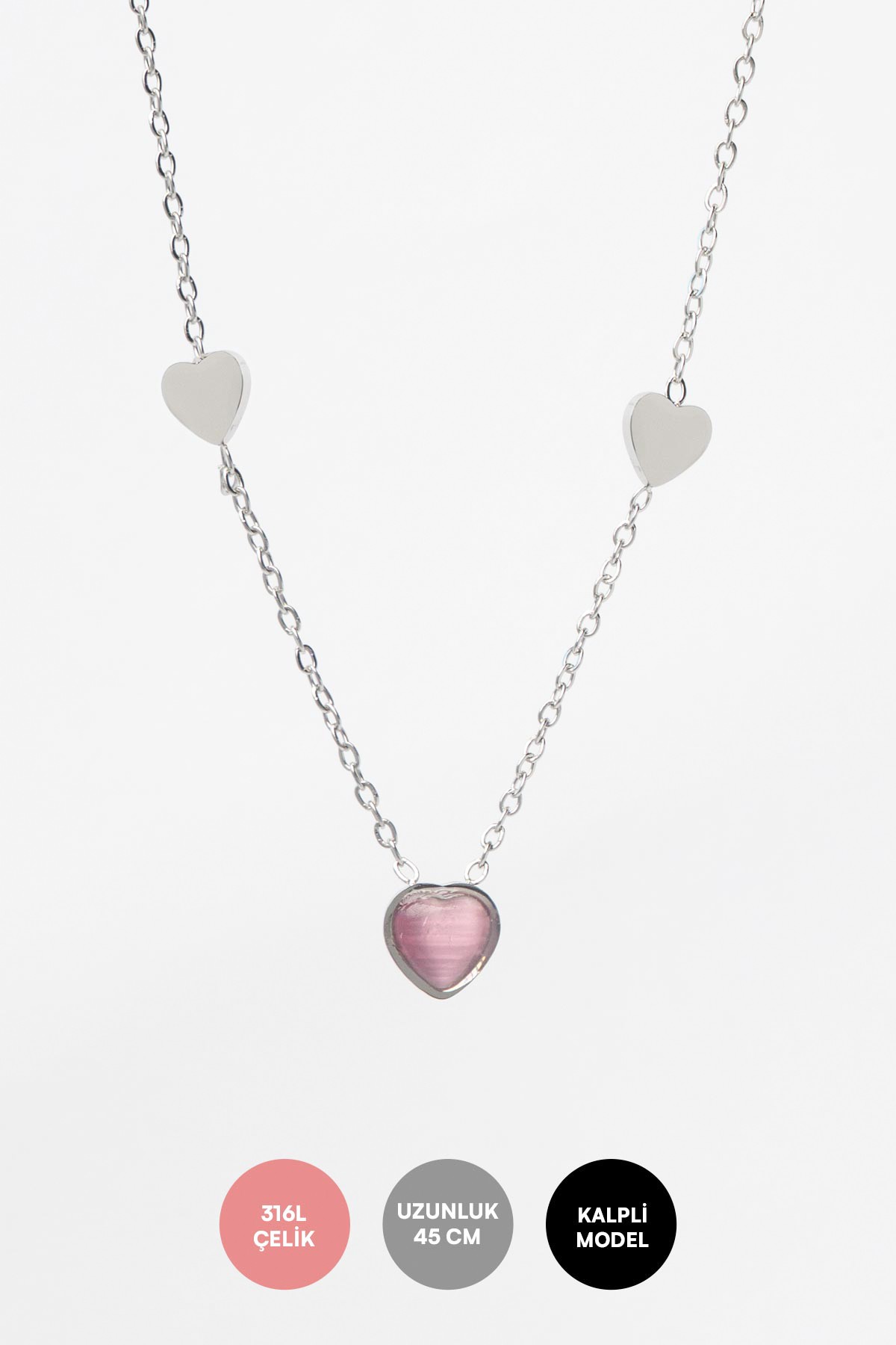 Silver Minimal Zincir Kalp Sıralı Ve Pembe Taş Kalp Sallantılı 45cm Çelik Kolye AKL4194