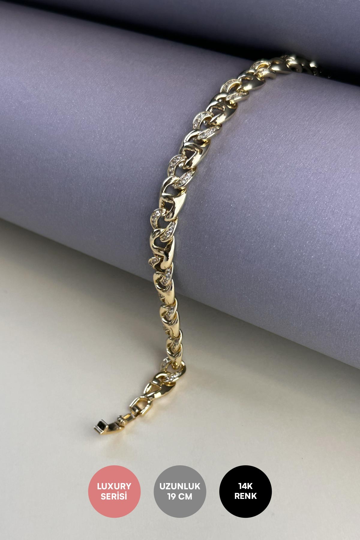 Gold Zirkon Kavisli Ether Tasarım Luxury Bileklik ABL7157