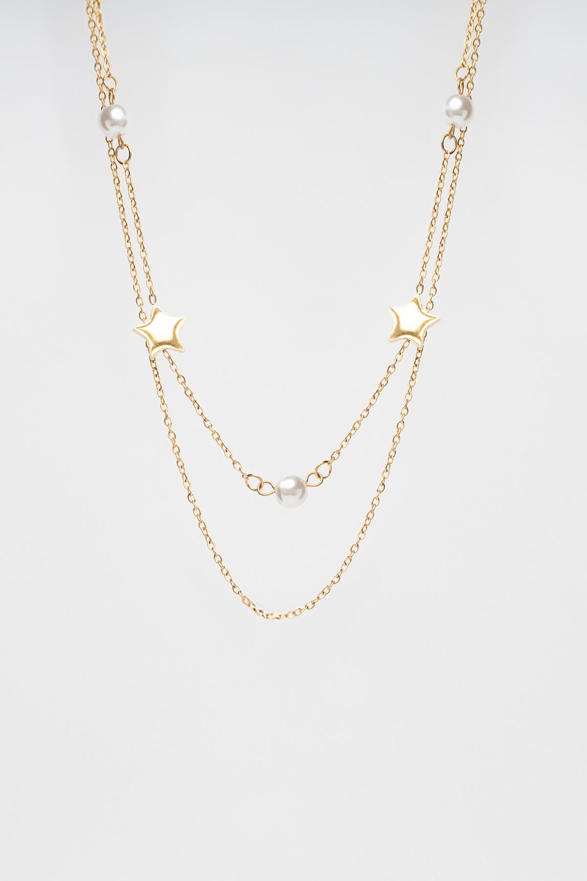 Gold Minimal Çift Zincir İnci Ve Yıldız Sallantılı 45cm Çelik Kolye AKL4131