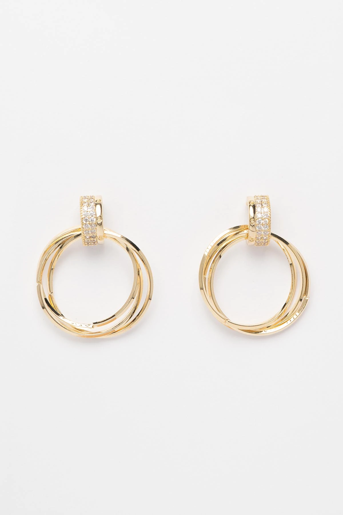 Gold Zirkon Halka Ucunda İkiz Çember Sallantılı Glory Küpe AKE9562