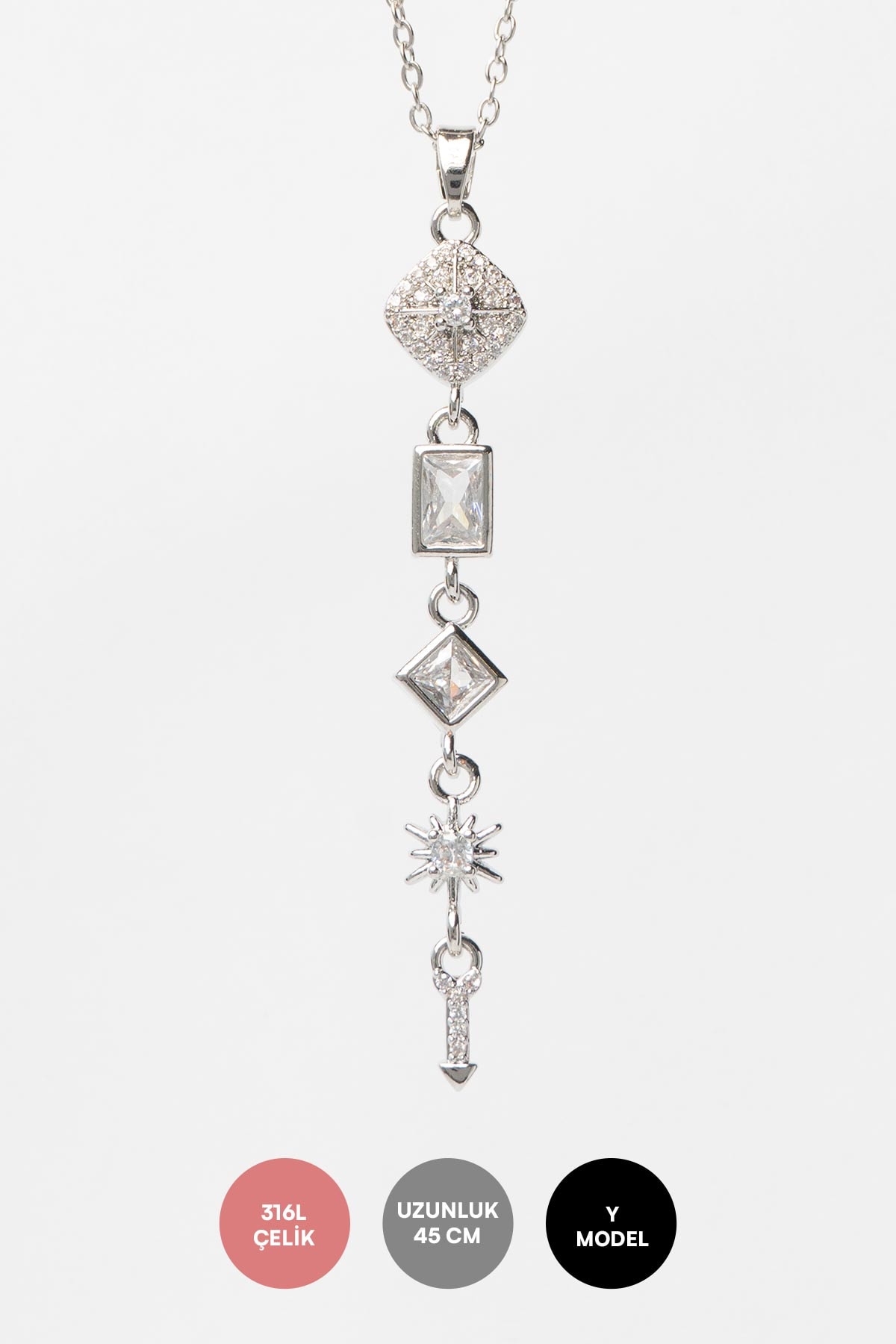 Silver Minimal Zincir Zirkon Detay Karo Ve Kristal Taşlı Kareler Sallantılı 45cm Çelik Kolye AKL4148