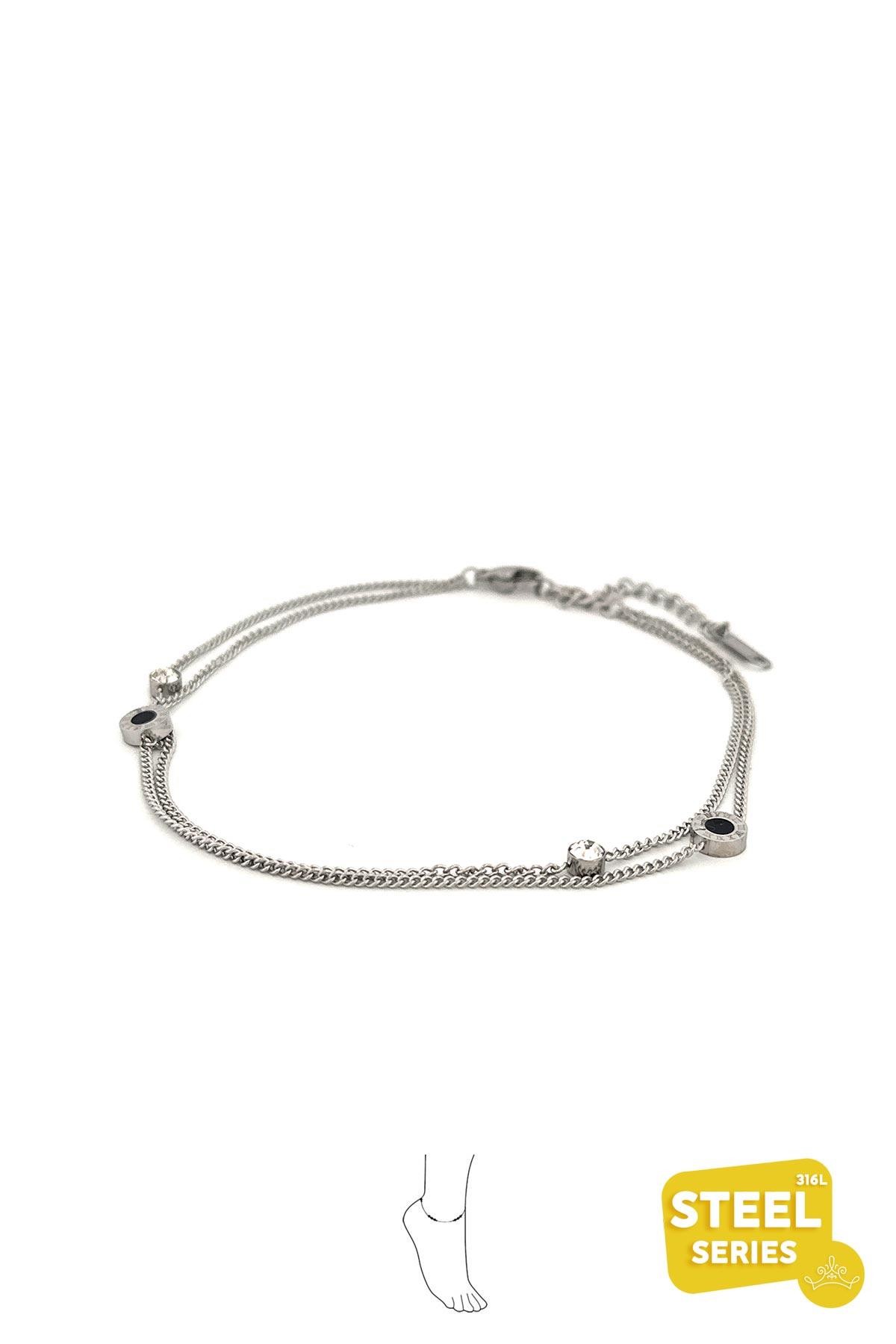 Silver Çift Zincir Tektaş Detay Giola Çelik Halhal AHL1089