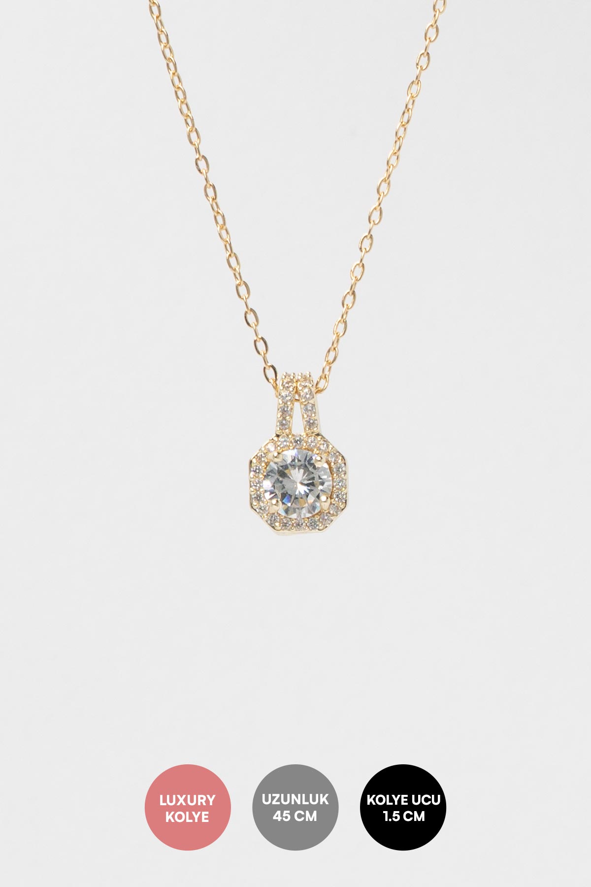 Gold Zirkon Detay Çerçeveli Tektaş Sallantılı Luxury Kolye AKL4243