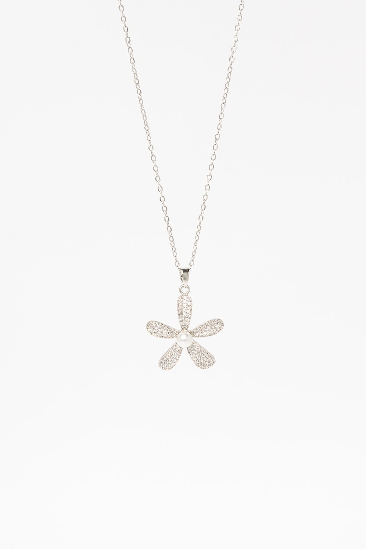 Silver Zirkon Kaplı Çiçek İnci Detay 45cm Çelik Kolye AKL4353