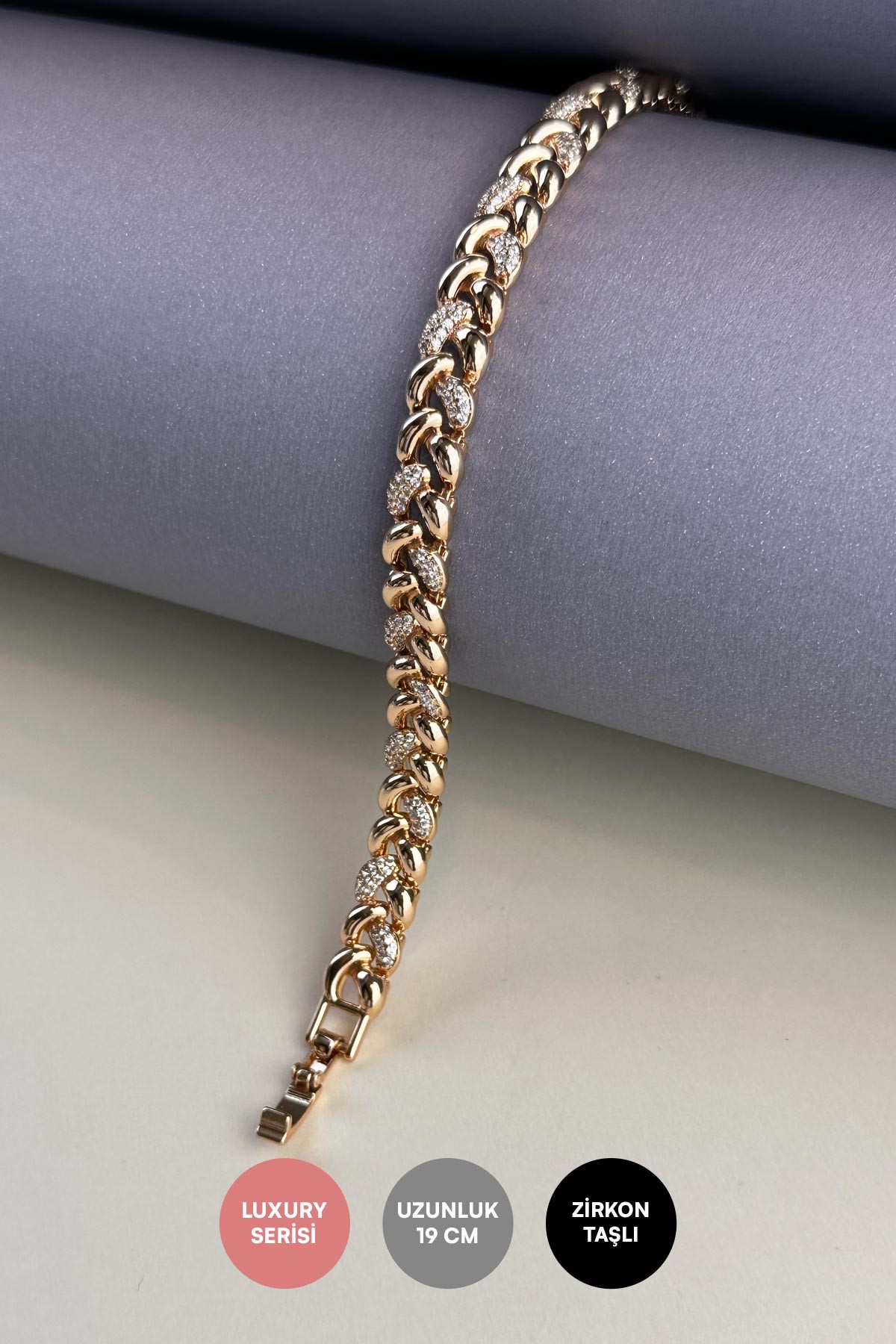 Gold Zirkon Detay Örgü Tasarım Zincir Luxury Bileklik ABL7203