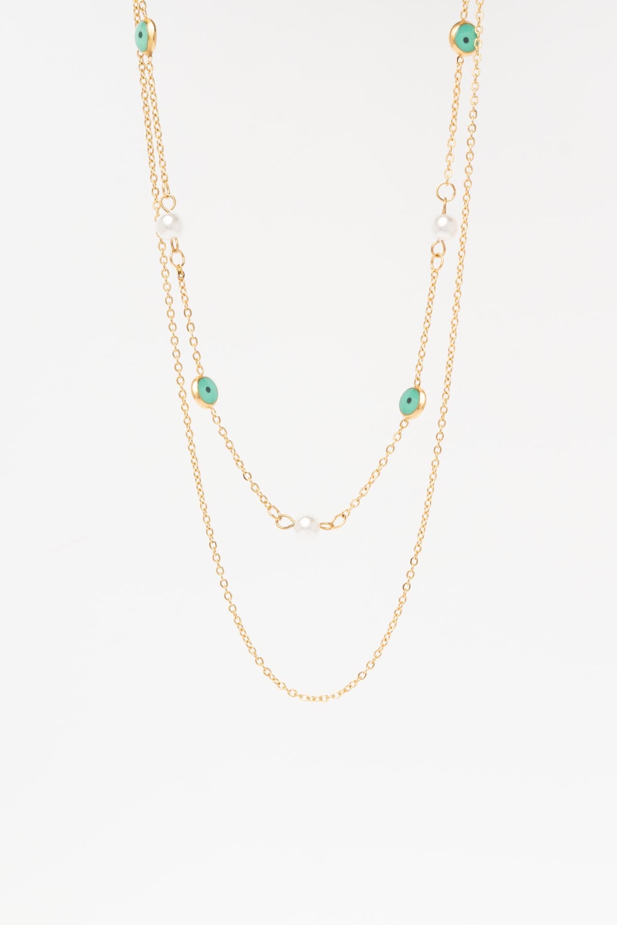 Gold Minimal Zincir Tasarım Yeşil Nazar Boncuk Ve Üçlü İnci Sıralı 45cm Çelik Kolye AKL4377