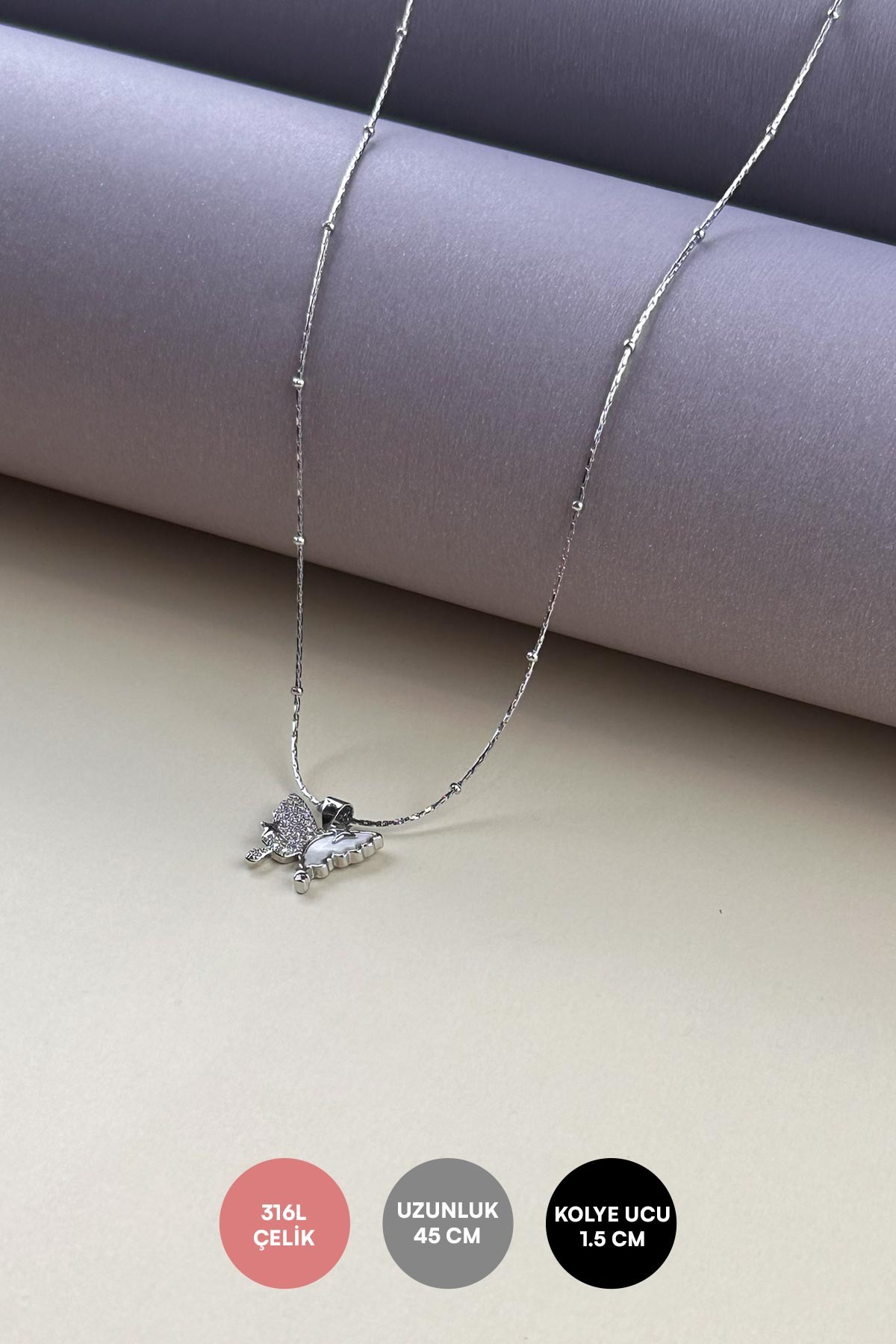 Silver Minimal Topçuk Zincir Zirkon Ve Sedef Detay Kelebek Sallantılı Çelik Kolye 45 cm AKL4024
