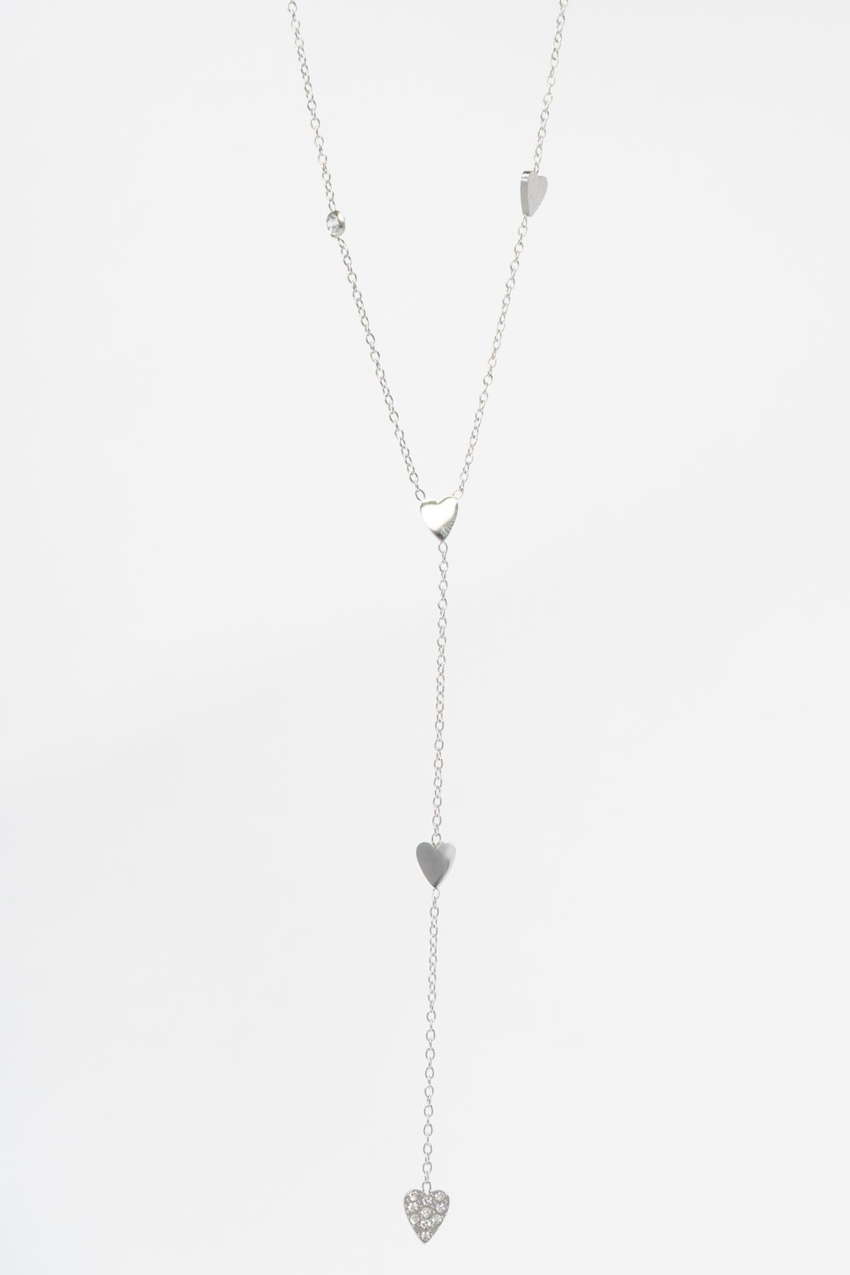 Silver Minimal Zincir Y Tasarım Zirkon Detay Kalp Ve Sade Kalpler Sallantılı 45cm Çelik Kolye AKL4166
