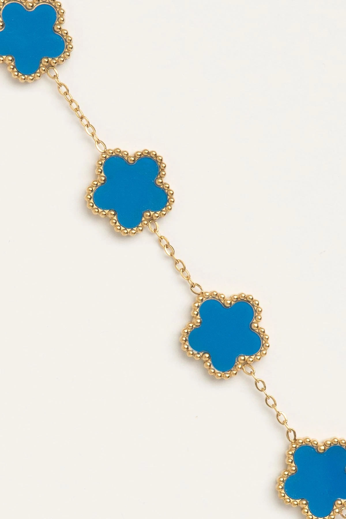 Gold Lazer Kesim Mavi Beş Yaprak Yonca Sıralı Çelik Bileklik ABL7545