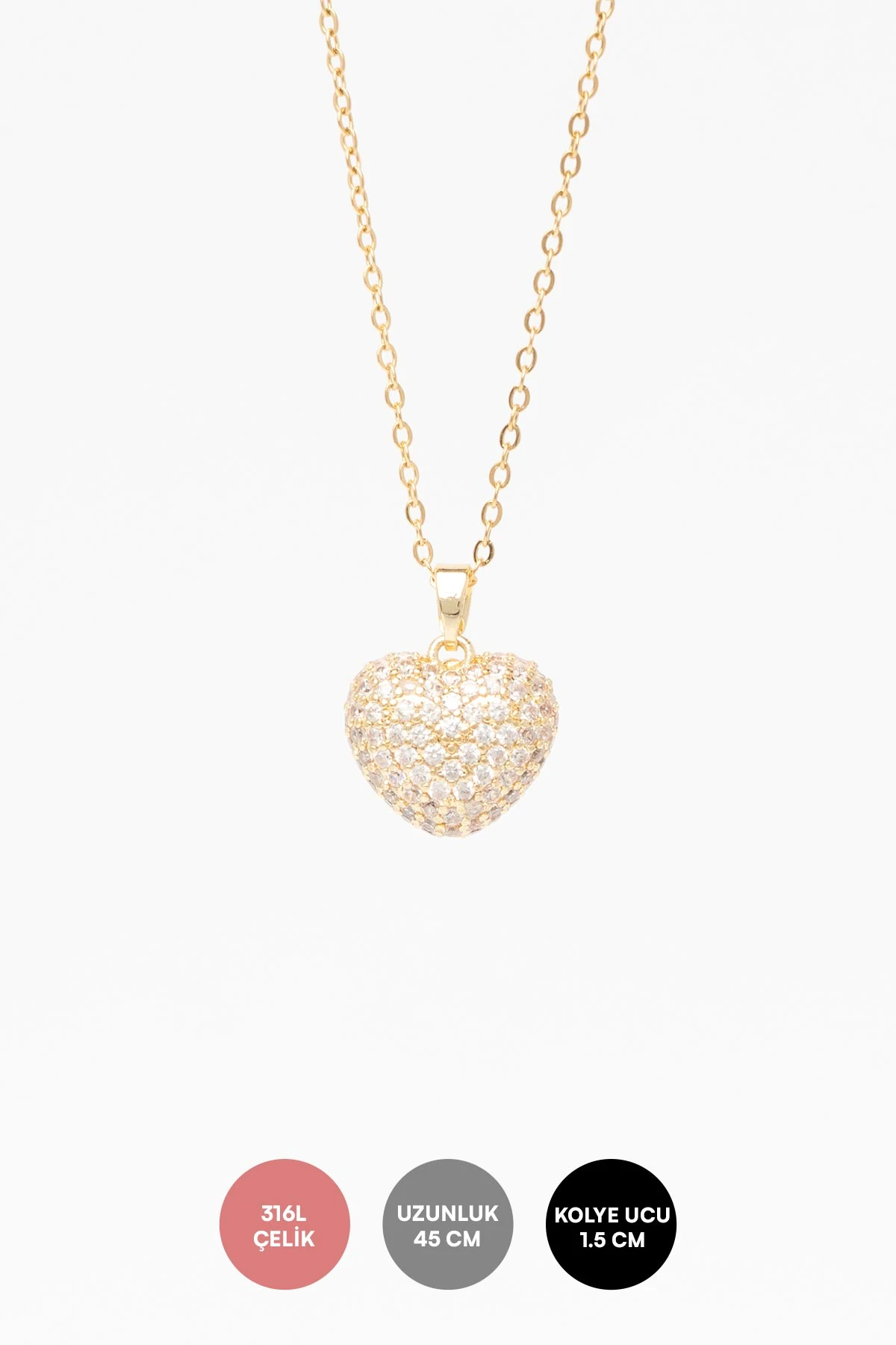 Gold Zirkon Kaplı Mini Dolgulu Kalp Sallantılı 45cm Çelik Kolye AKL4333