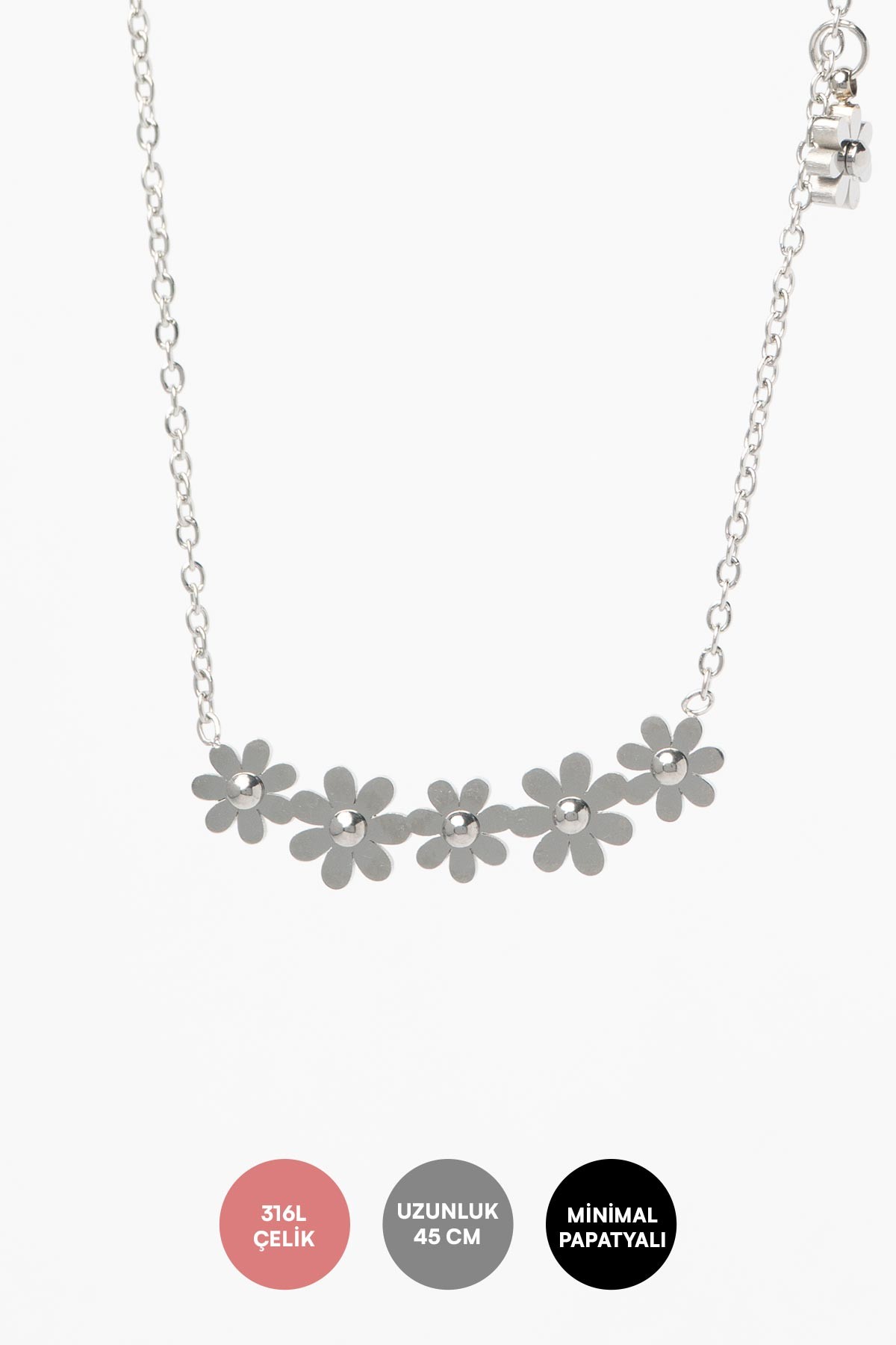 Silver Minimal Zincir Beşli Mini Papatya Sıralı Çelik Kolye 45 cm AKL4097