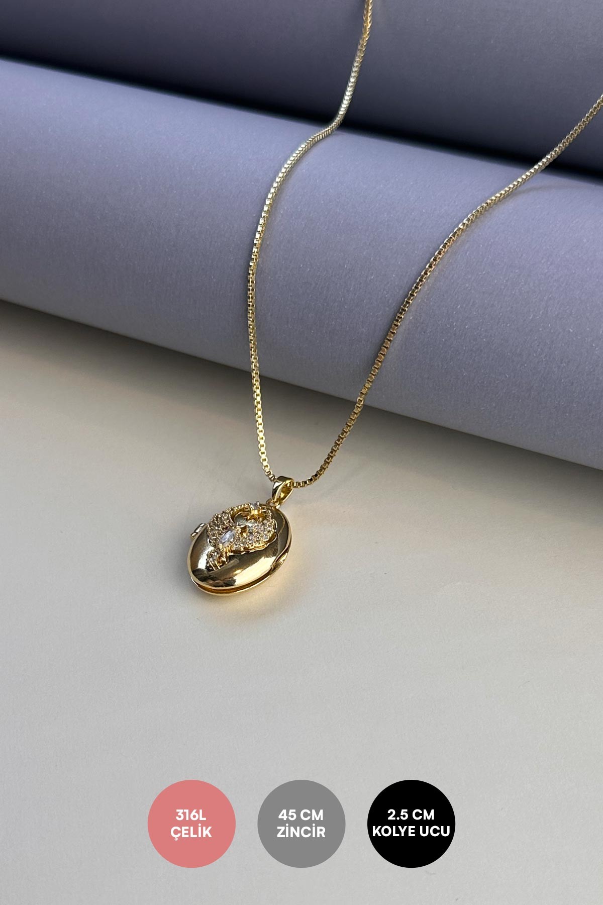 Gold Açılabilir Zirkon Kanat ve Yıldız Detay Badem Tasarım Çelik Kolye 45 cm AKL3828