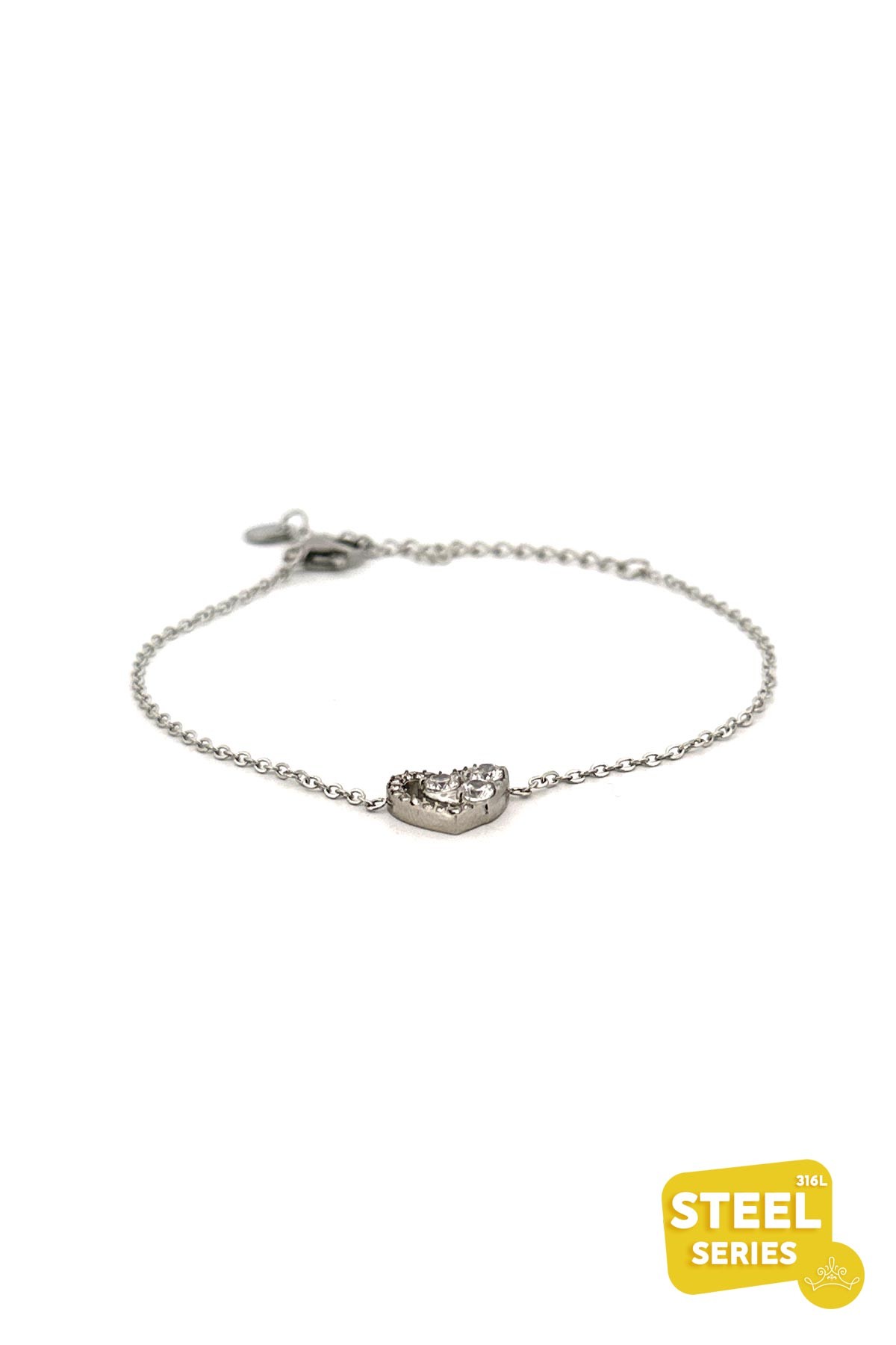 Silver Minimal Zincir Zirkon Detay Kristal Kalp Tasarım Çelik Bileklik ABL7062