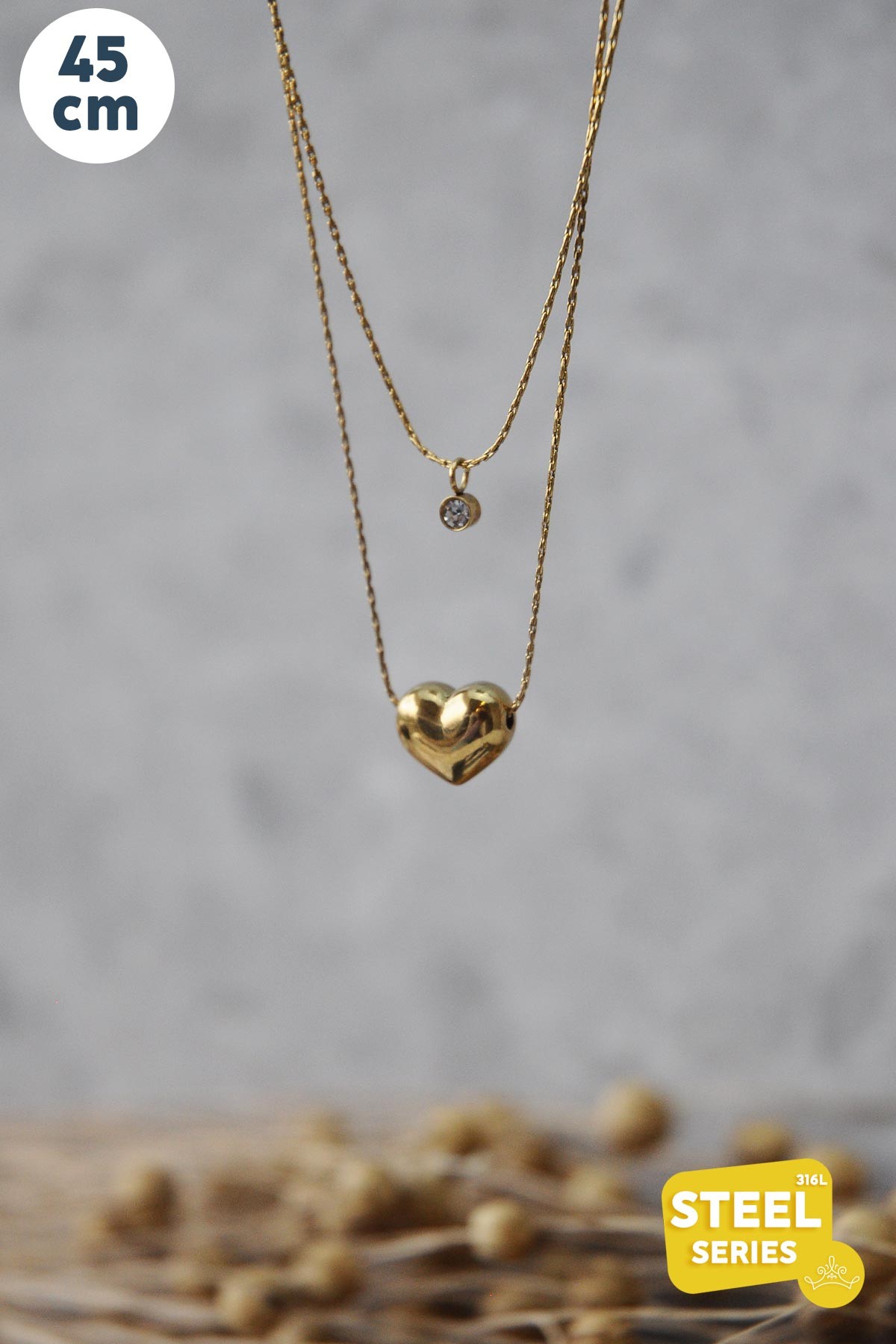 Gold Minimal Çift Zincir Kalp Ve Tektaş Sallantılı 45cm Çelik Kolye AKL2649