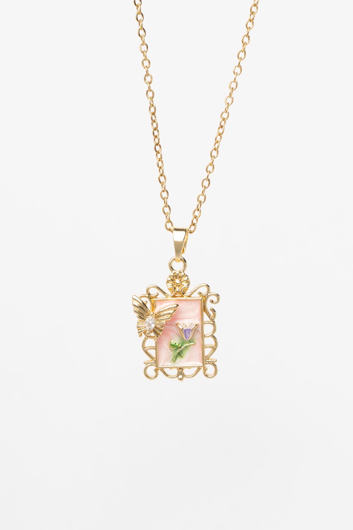 Gold Minimal Zincir Pembe Mineli Tektaş Detay Kelebek Ve Çiçek Figürlü Antika Kare Çerçeve Tasarım Madalyon Çelik Kolye AKL4040