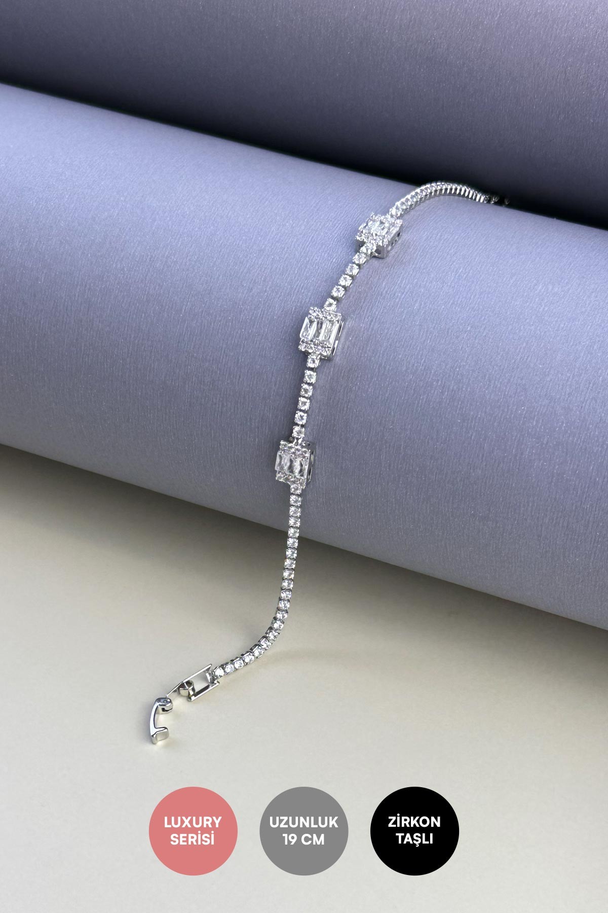 Silver Zirkon Kareler Sıralı Baget Detay Üçlü Dikdörtgenler Tasraım Bijuteri Bileklik ABL7257