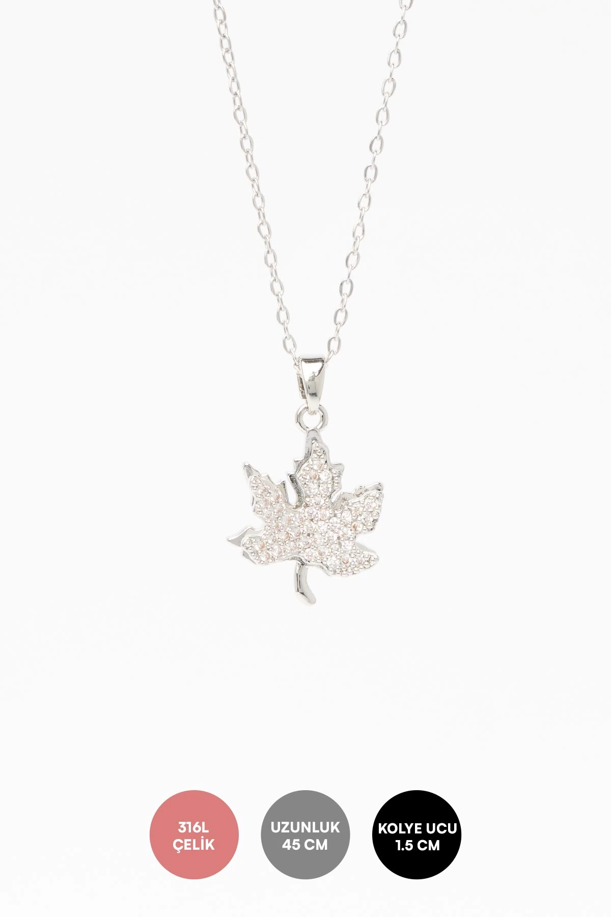 Silver Zirkon Detay Çınar Yaprağı Sallantılı 45cm Çelik Kolye AKL4303