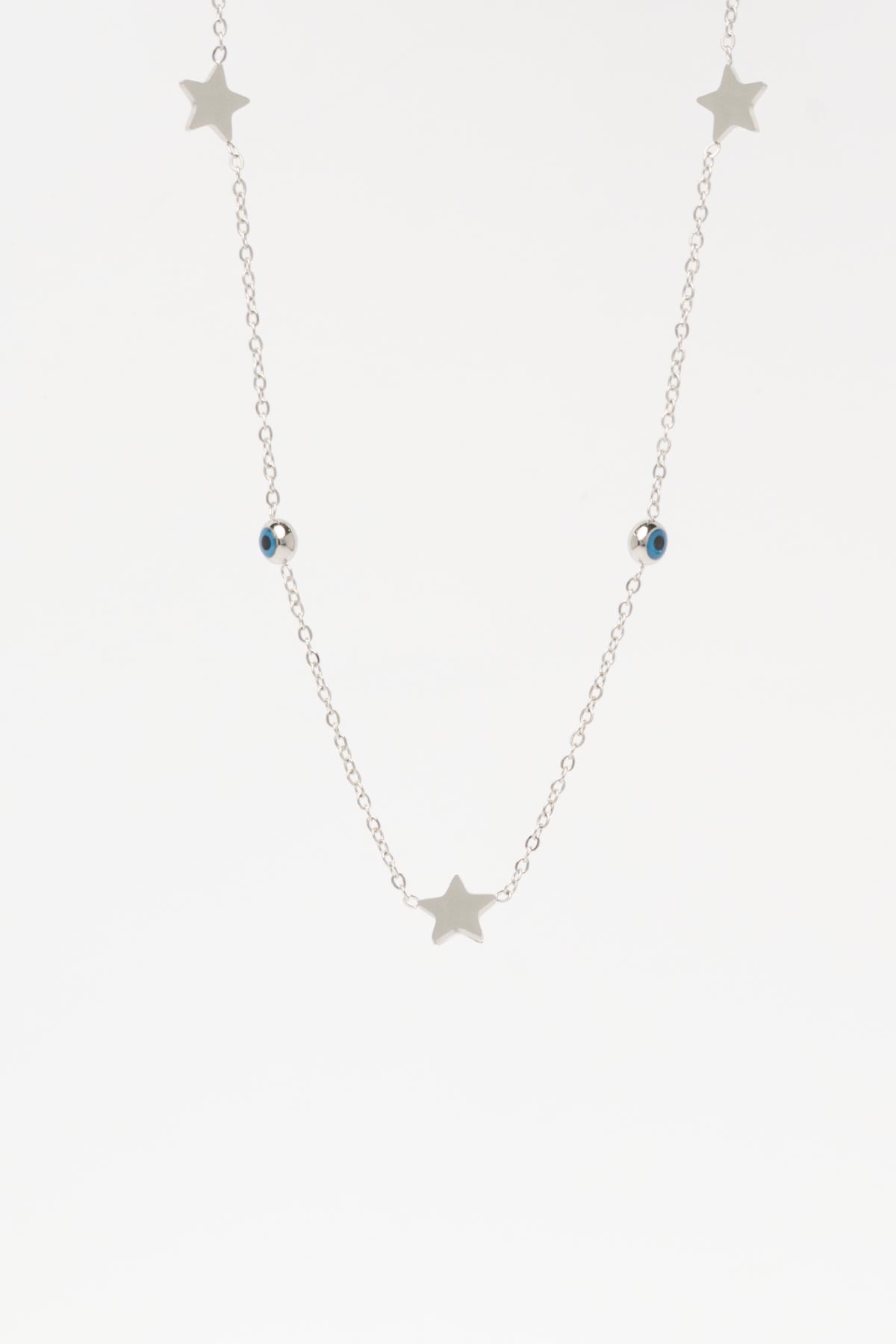 Silver Minimal Zincir Mini Yıldız Sıralı Nazarlık Detay 45cm Çelik Kolye AKL4368