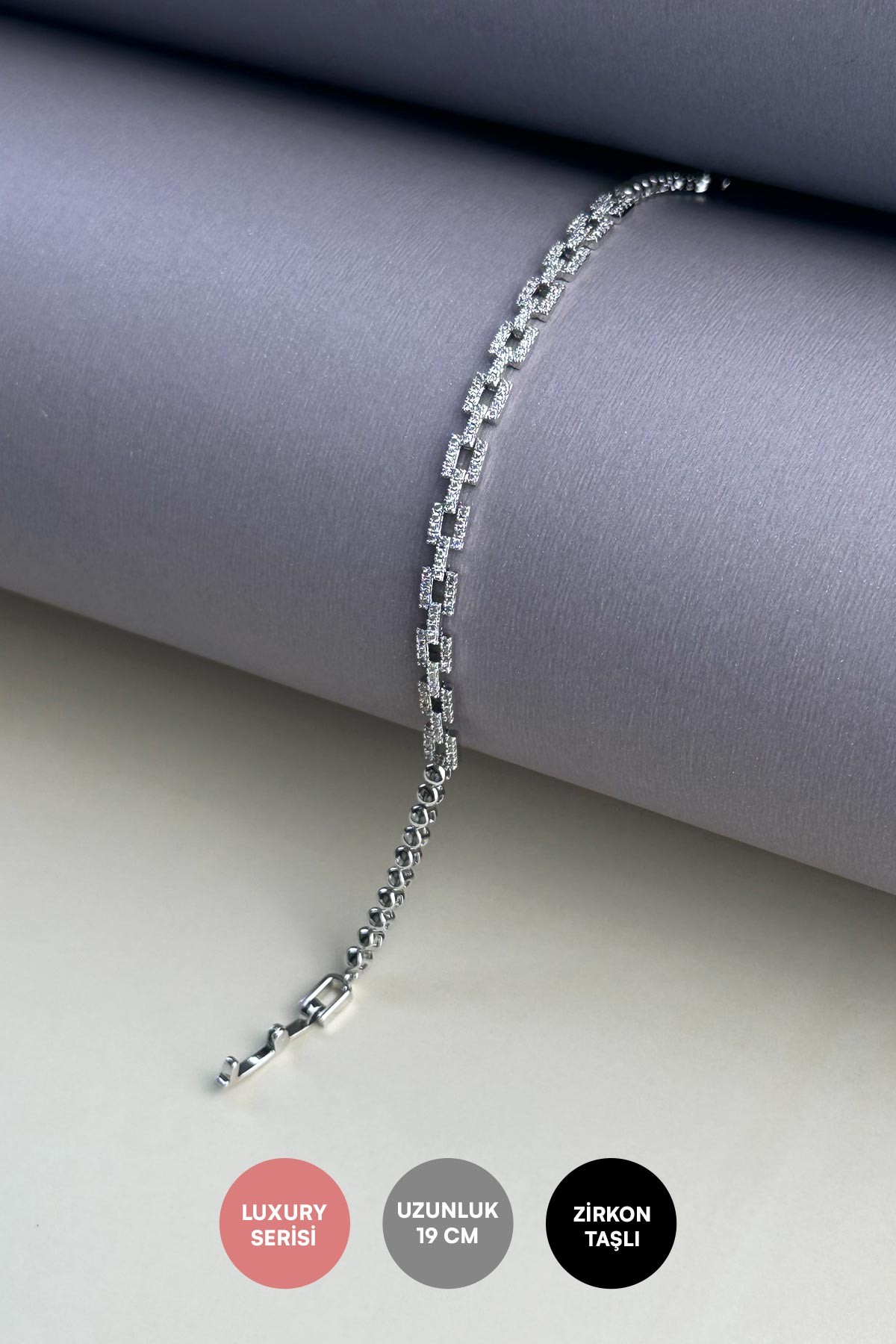 Silver Zirkon Detay Kare Geçme Zincir Tasarım Bileklik ABL7305