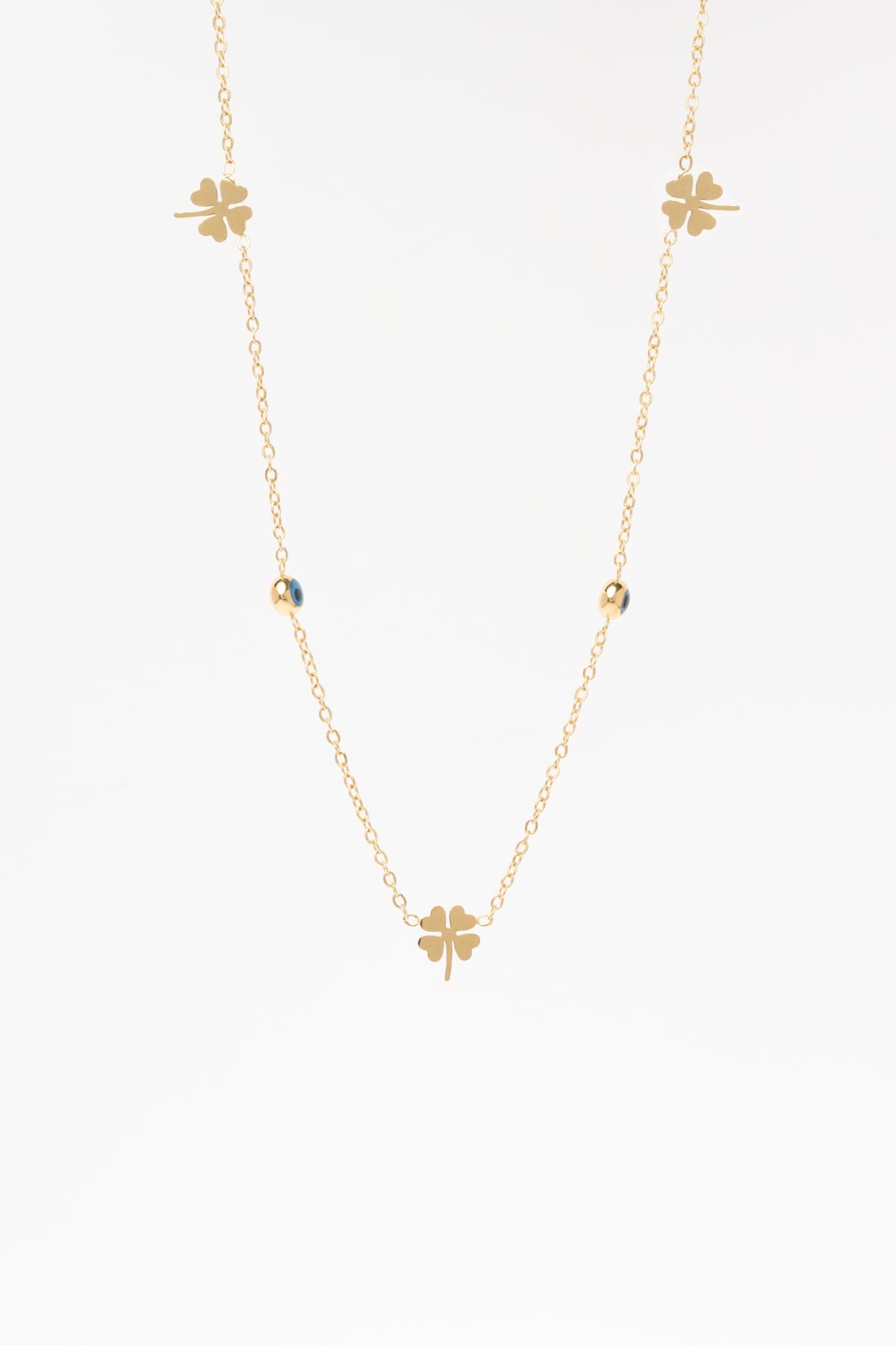 Gold Minimal Zincir Mini Yonca Sıralı Nazarlık Detay 45cm Çelik Kolye AKL4363