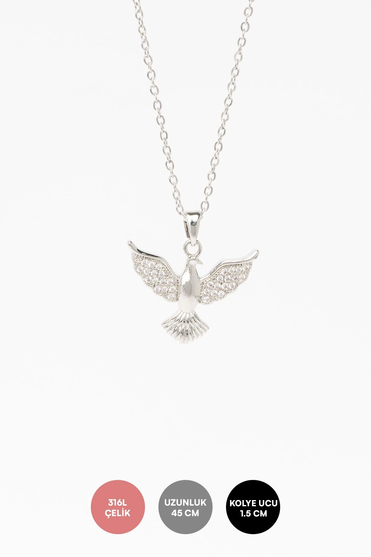 Silver Kanatları Zirkon Detay Kuş Sallantılı 45cm Çelik Kolye AKL4307