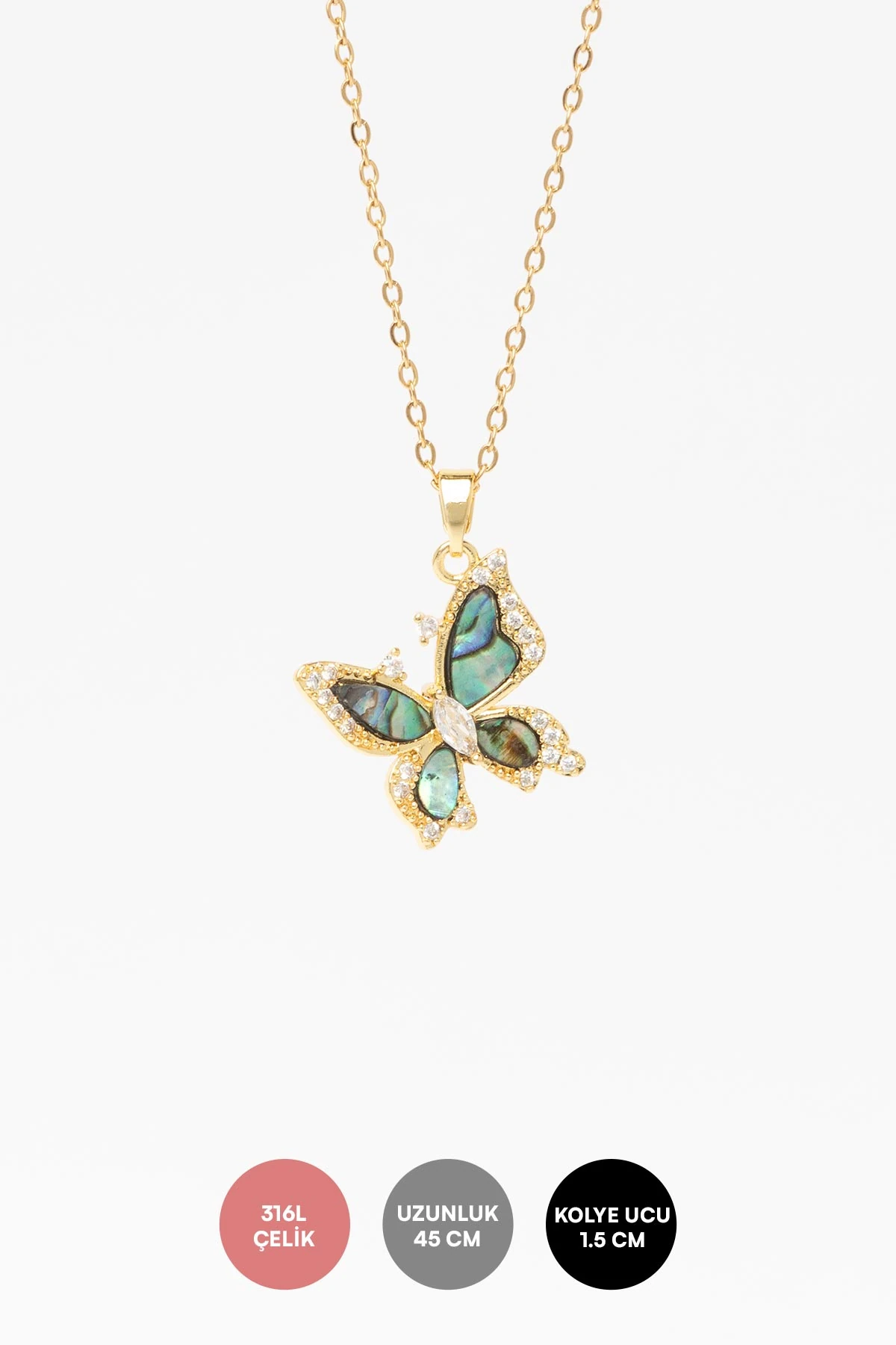 Gold Zirkon Kenarlı Kanat Yeşil Taşlı Kelebek Sallantılı 45cm Çelik Kolye AKL4335