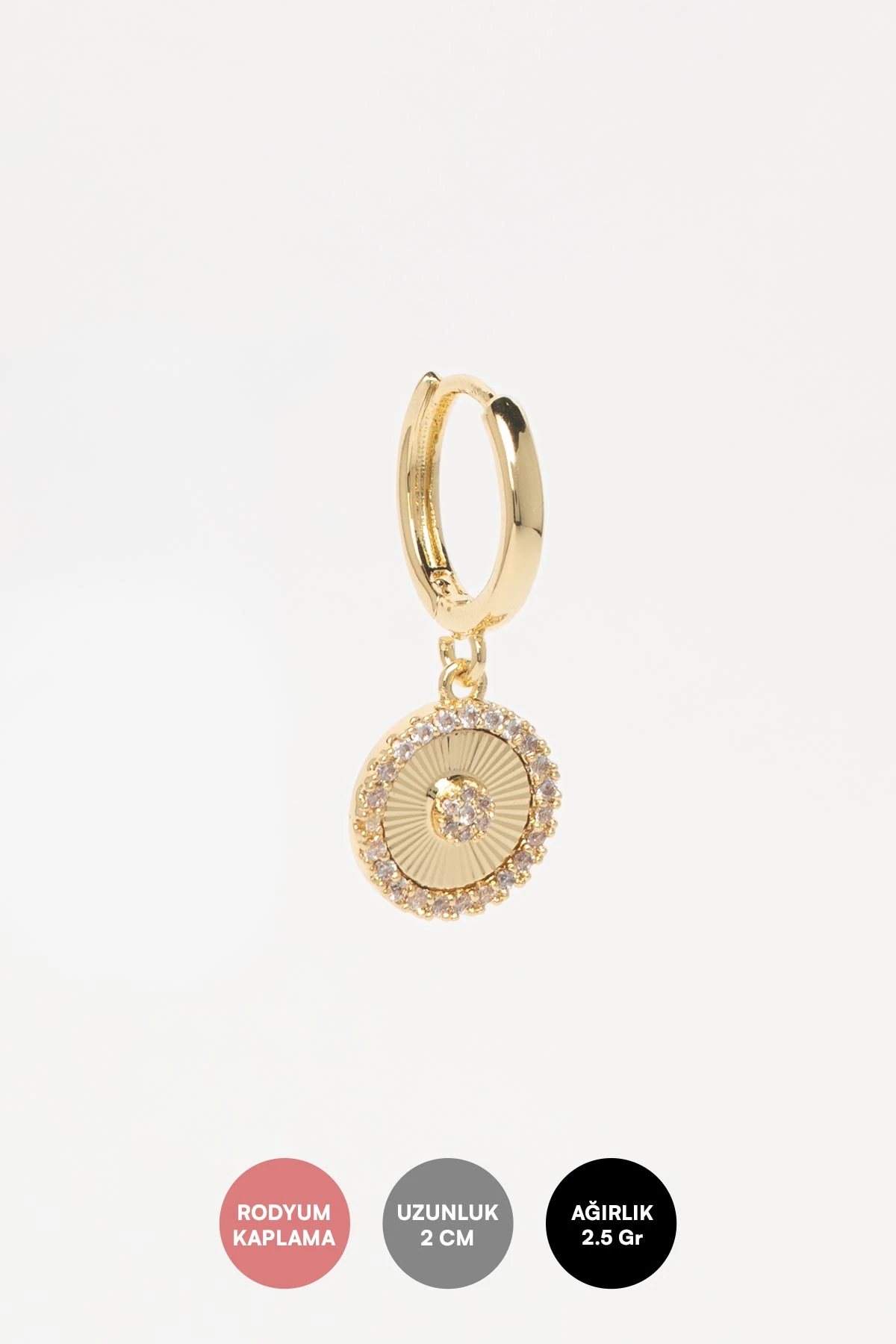 Gold 14K Zikon Taş Çerçeveli Lazer Kesim Daire Sallantılı Glory Küpe AKE9454