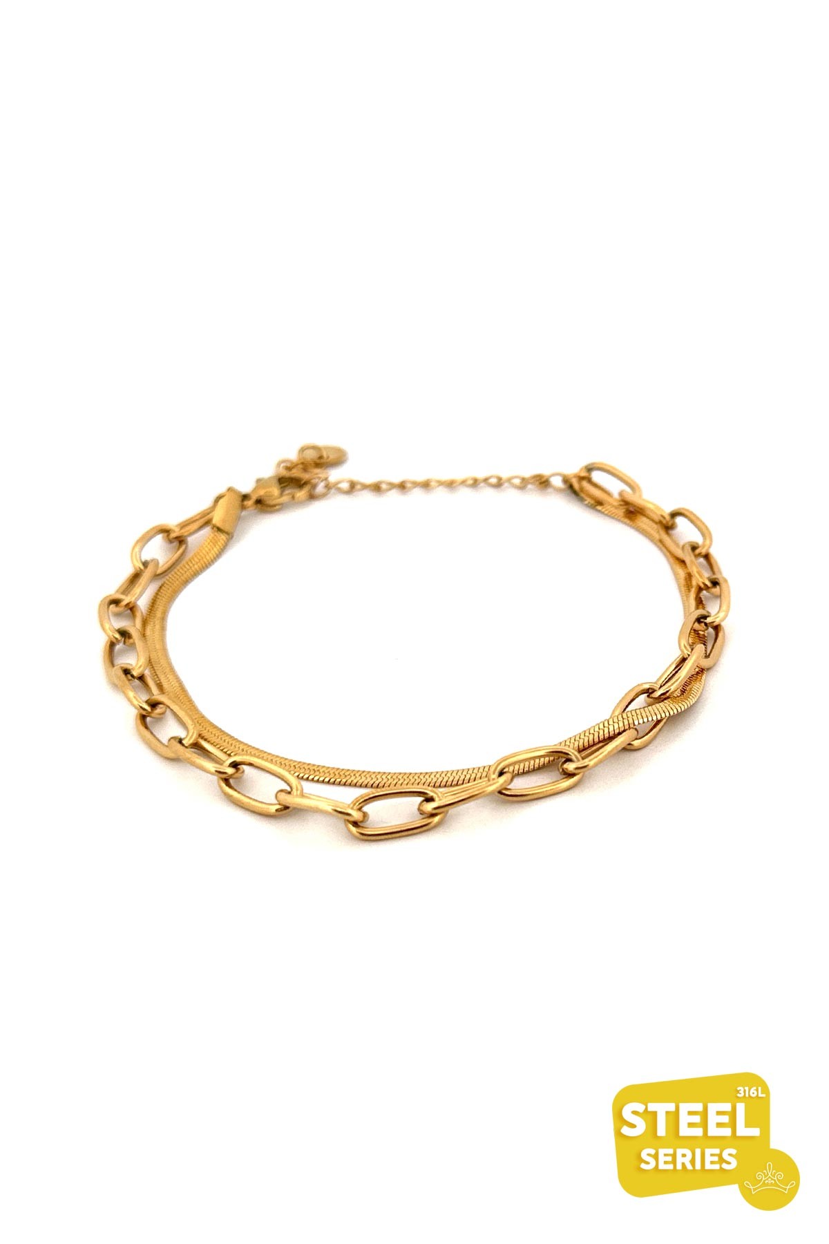 Gold Basic İtalyan Ve Paperclip Çift Zincir Çelik Bileklik ABL7074