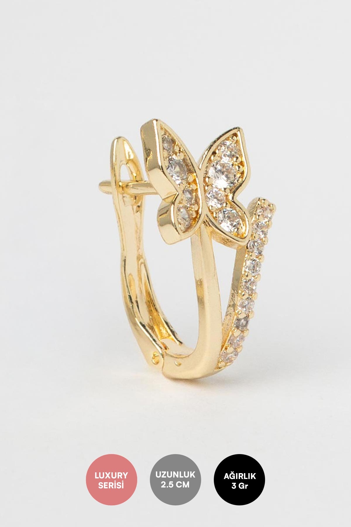 Gold 14K Zirkon Taşlı Dal Üstünde Minimal Taşlı Kelebek Luxury Küpe AKE9343