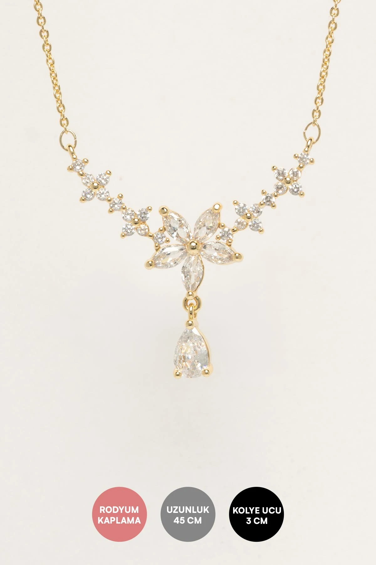 Gold Kristal Çiçek Ucunda Damla Taş Sallantılı Luxury Kolye AKL4417