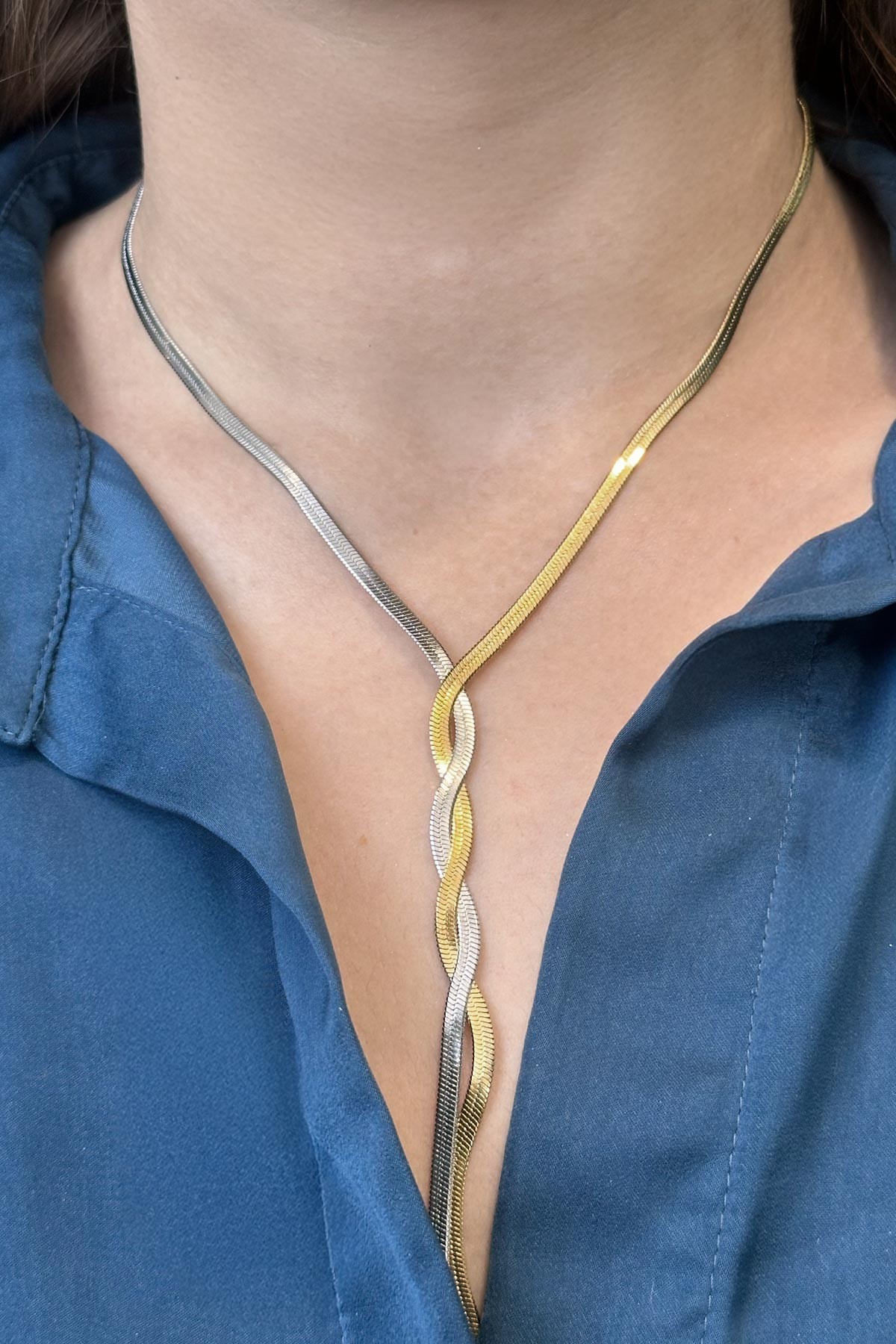 Gold Silver İtalyan Zincir Çelik Kolye 45 cm AKL3779