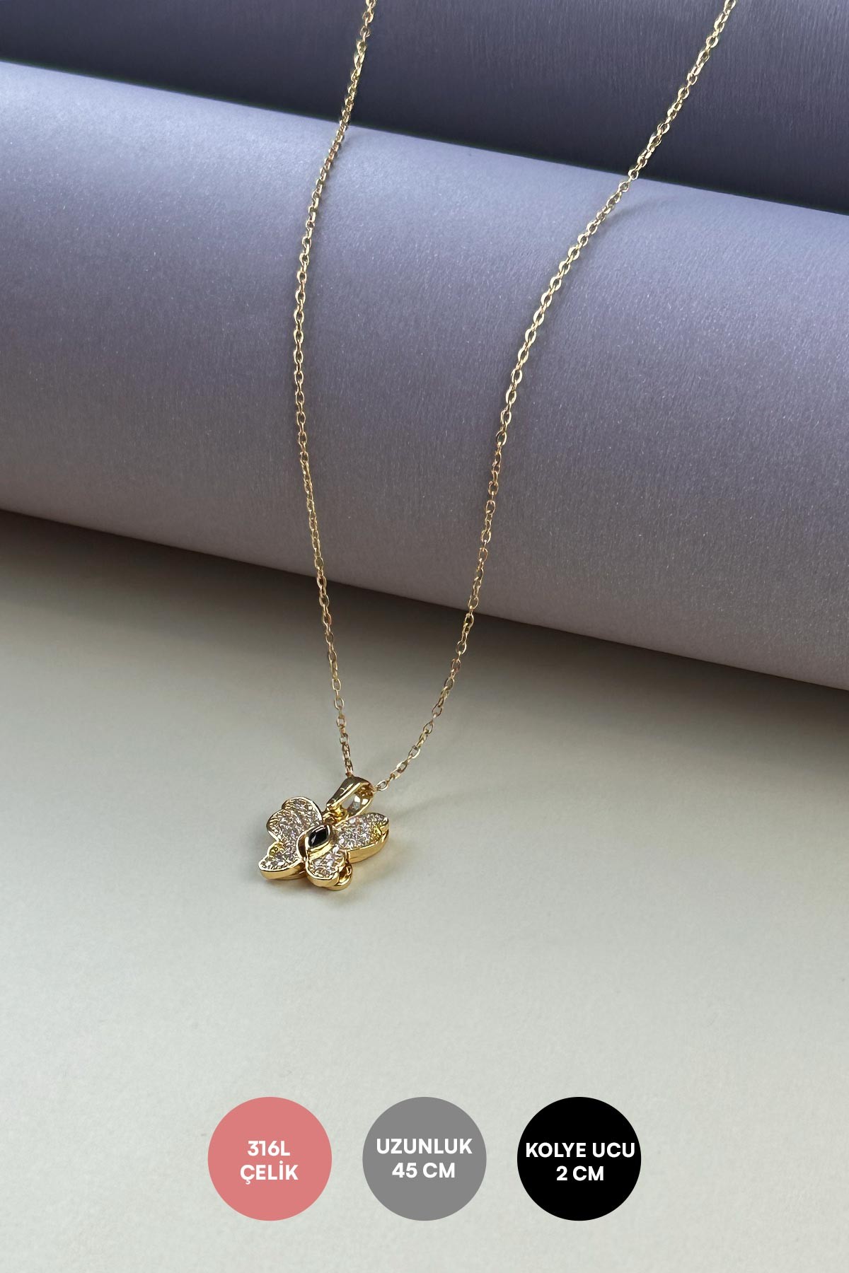 Gold Minimal Zincir Zirkon Detay Açılır Kanatlı Kelebek Sallantılı 45cm Çelik Kolye AKL4019