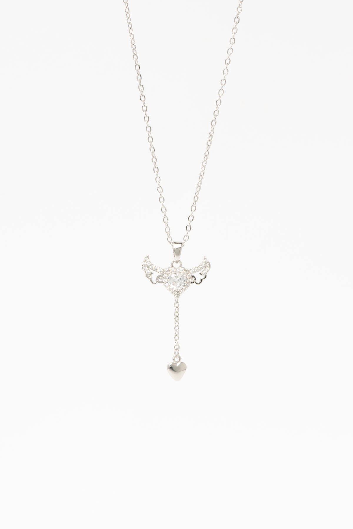 Silver Zirkon Kanatlı Kristal Kalp Sallantılı 45cm Çelik Kolye AKL4356